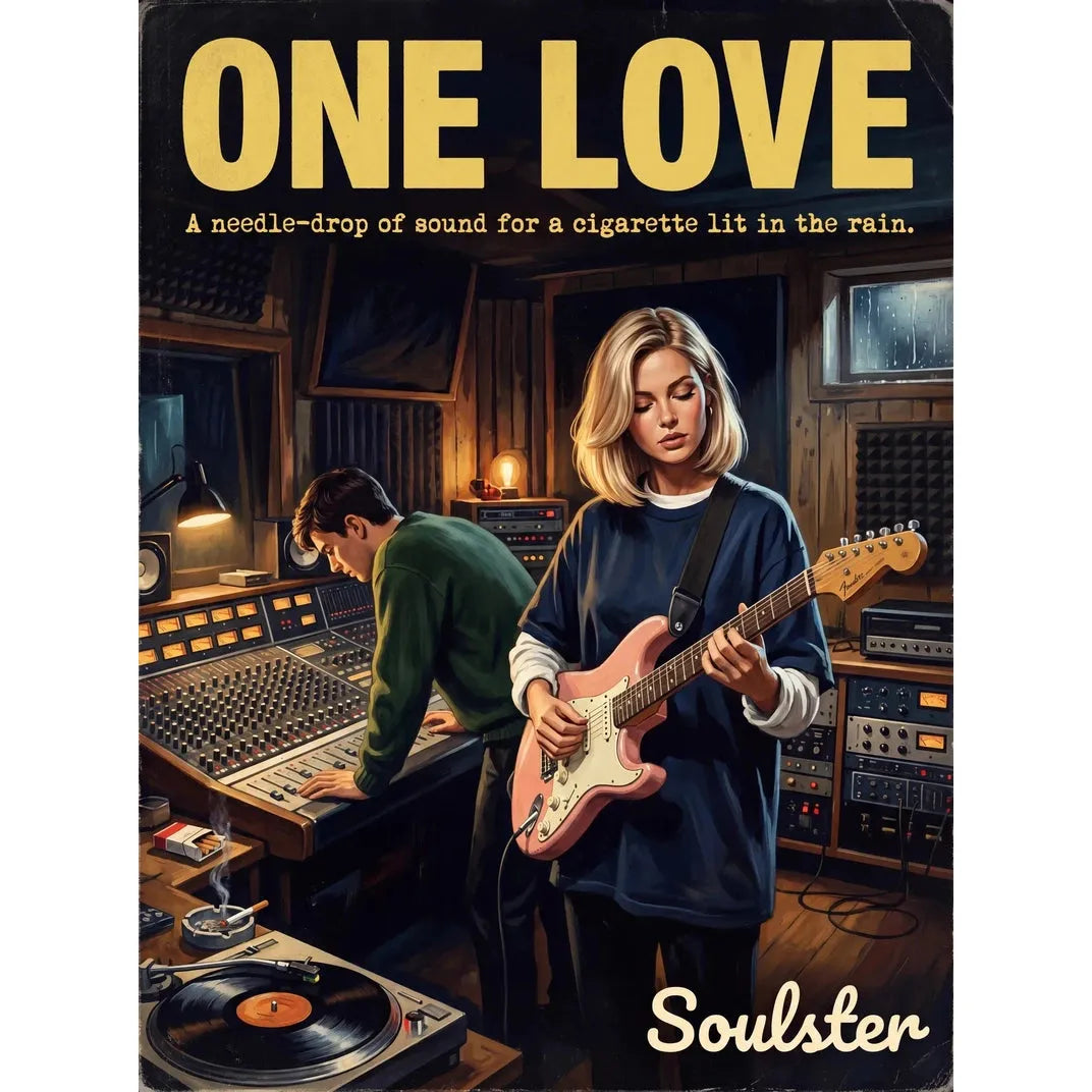 Premium Soulster studio wall art print featuring a mid-century vintage book cover aesthetic inspired by The Stone Roses - One Love.