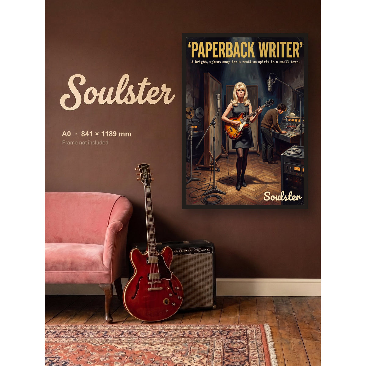 Paperback Writer - Studio Print shown framed on a wall in A0 size. Frame not included.