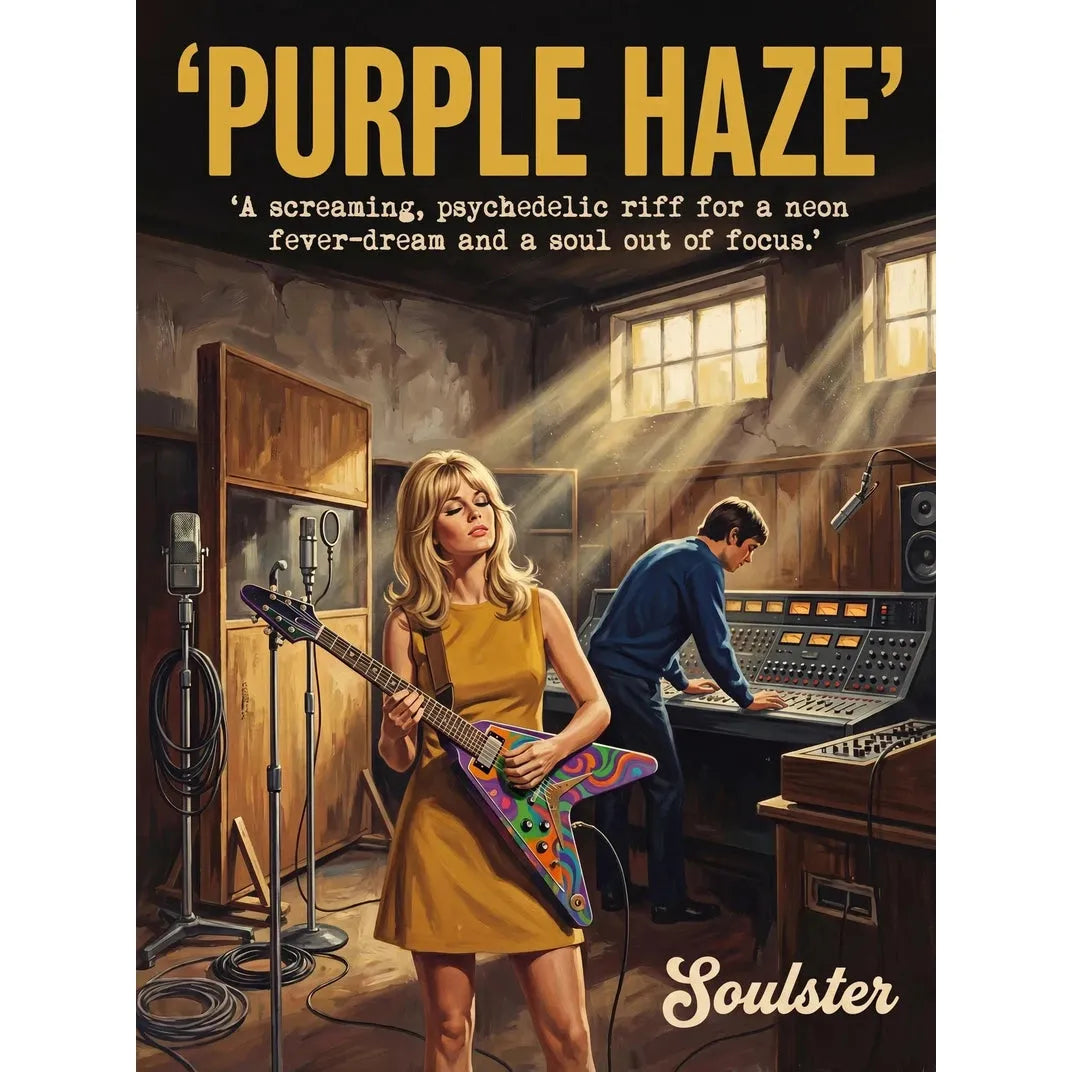 Premium Soulster studio wall art print featuring a mid-century vintage book cover aesthetic inspired by Alternative Indie - Purple Haze.