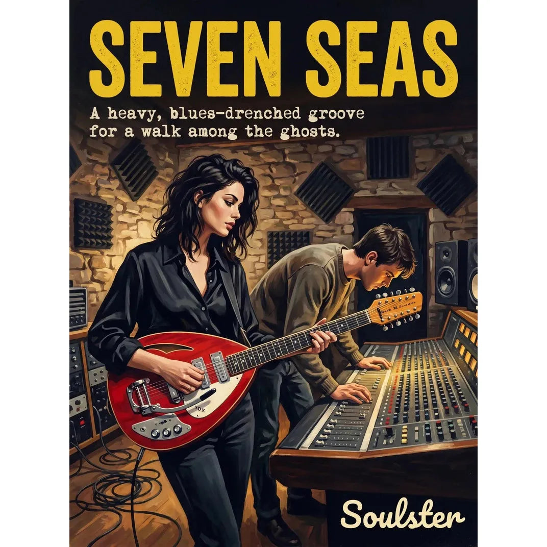 Premium Soulster studio wall art print featuring a mid-century vintage book cover aesthetic inspired by Alternative Indie - Seven Seas.