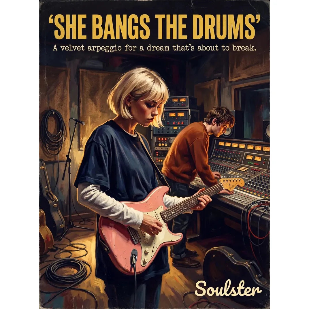 Premium Soulster studio wall art print featuring a mid-century vintage book cover aesthetic inspired by The Stone Roses - She Bangs The Drums.