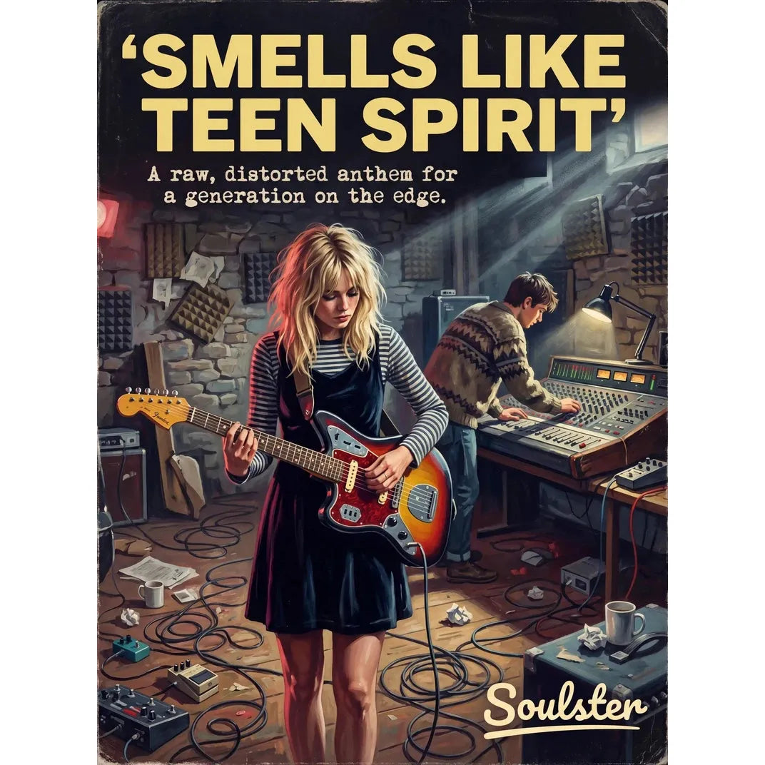 Premium Soulster studio wall art print featuring a mid-century vintage book cover aesthetic inspired by Nirvana - Smells Like Teen Spirit.