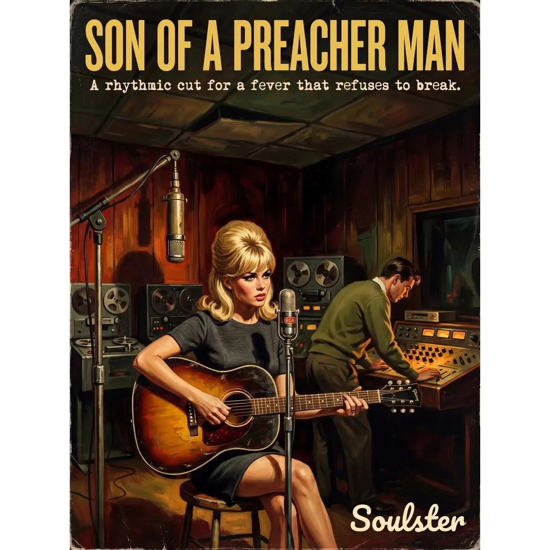 Premium Soulster studio wall art print featuring a mid-century vintage book cover aesthetic inspired by Alternative Indie - Son Of A Preacher Man.