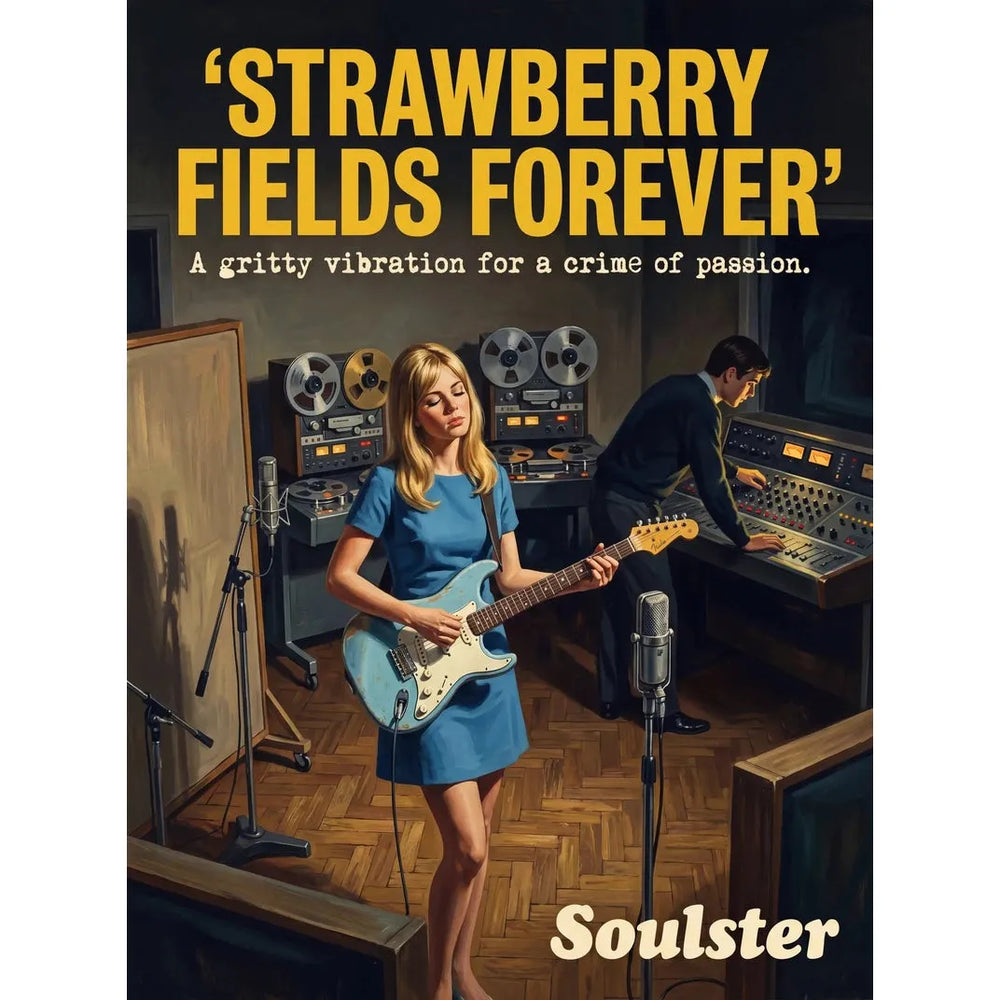 Premium Soulster studio wall art print featuring a mid-century vintage book cover aesthetic inspired by The Beatles - Strawberry Fields Forever.
