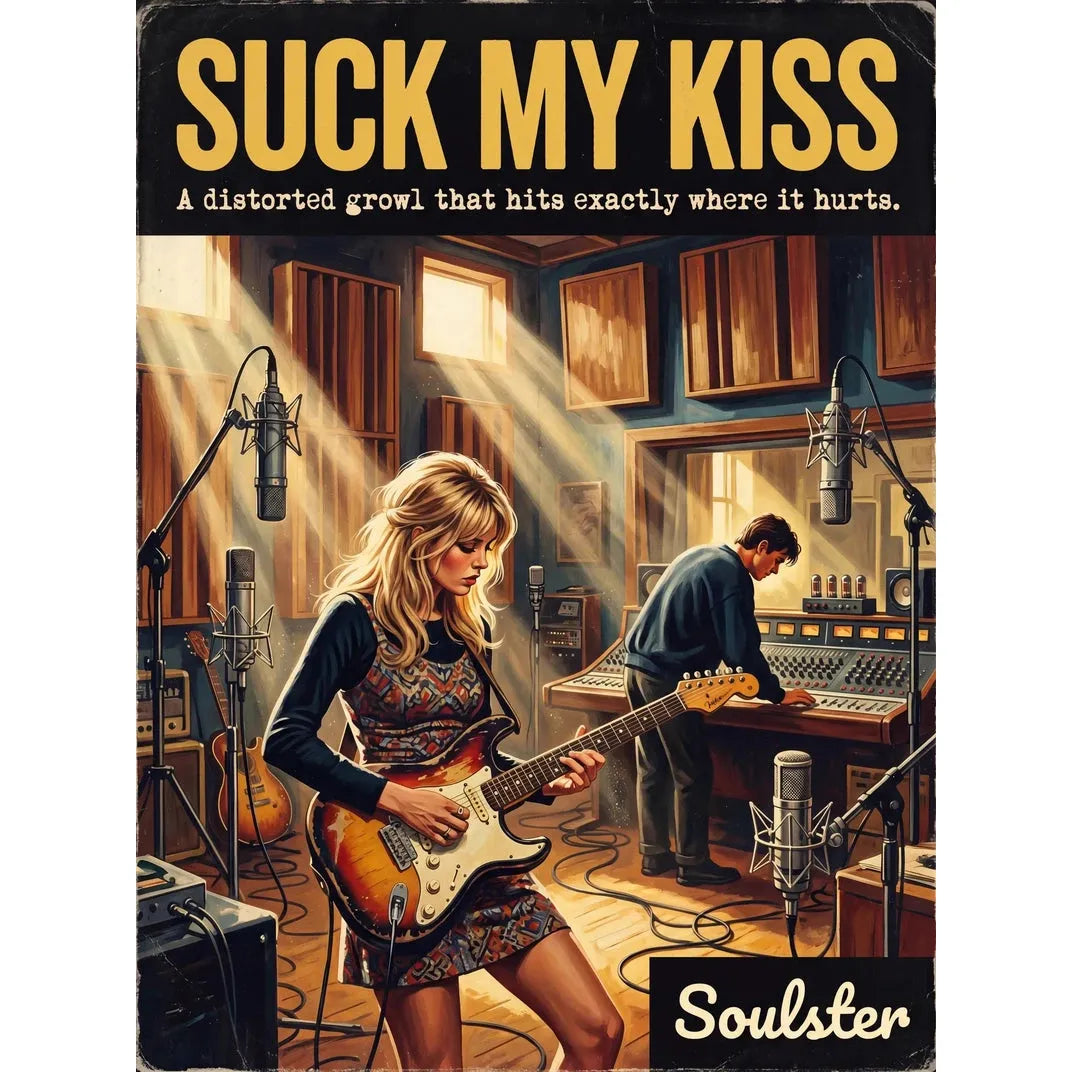 Premium Soulster studio wall art print featuring a mid-century vintage book cover aesthetic inspired by Alternative Indie - Suck My Kiss.