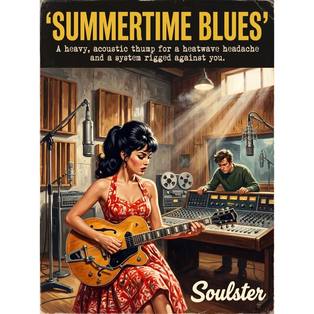 Premium Soulster studio wall art print featuring a mid-century vintage book cover aesthetic inspired by Alternative Indie - Summertime Blues.