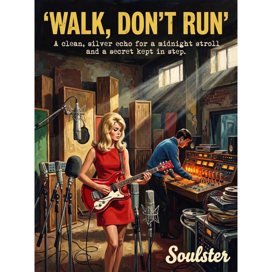 Premium Soulster studio wall art print featuring a mid-century vintage book cover aesthetic inspired by Alternative Indie - Walk, Don't Run.