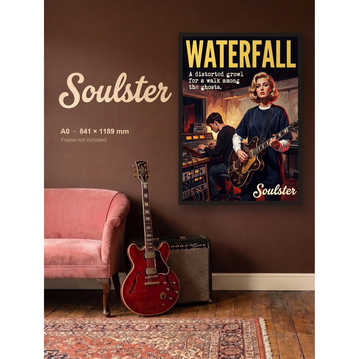 Waterfall - Studio Print shown framed on a wall in A0 size. Frame not included.