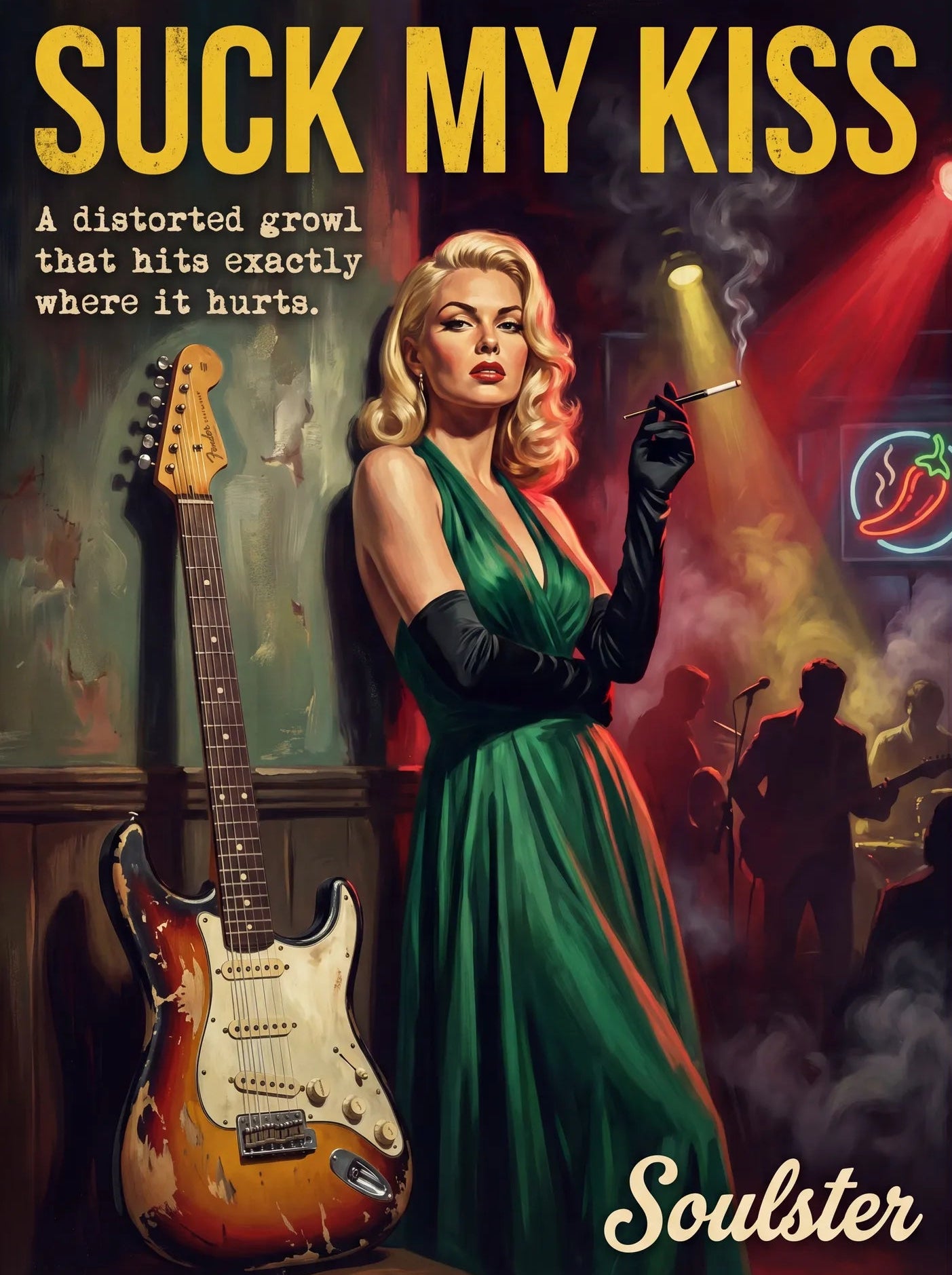 Soulster cinematic vintage pulp book cover art print illustration styled in a classic 1950s design layout inspired by Suck My Kiss.