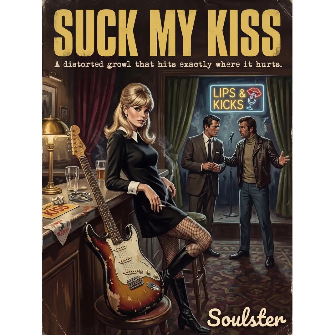 Soulster cinematic vintage pulp book cover art print illustration styled in a classic 1960s design layout inspired by Suck My Kiss.
