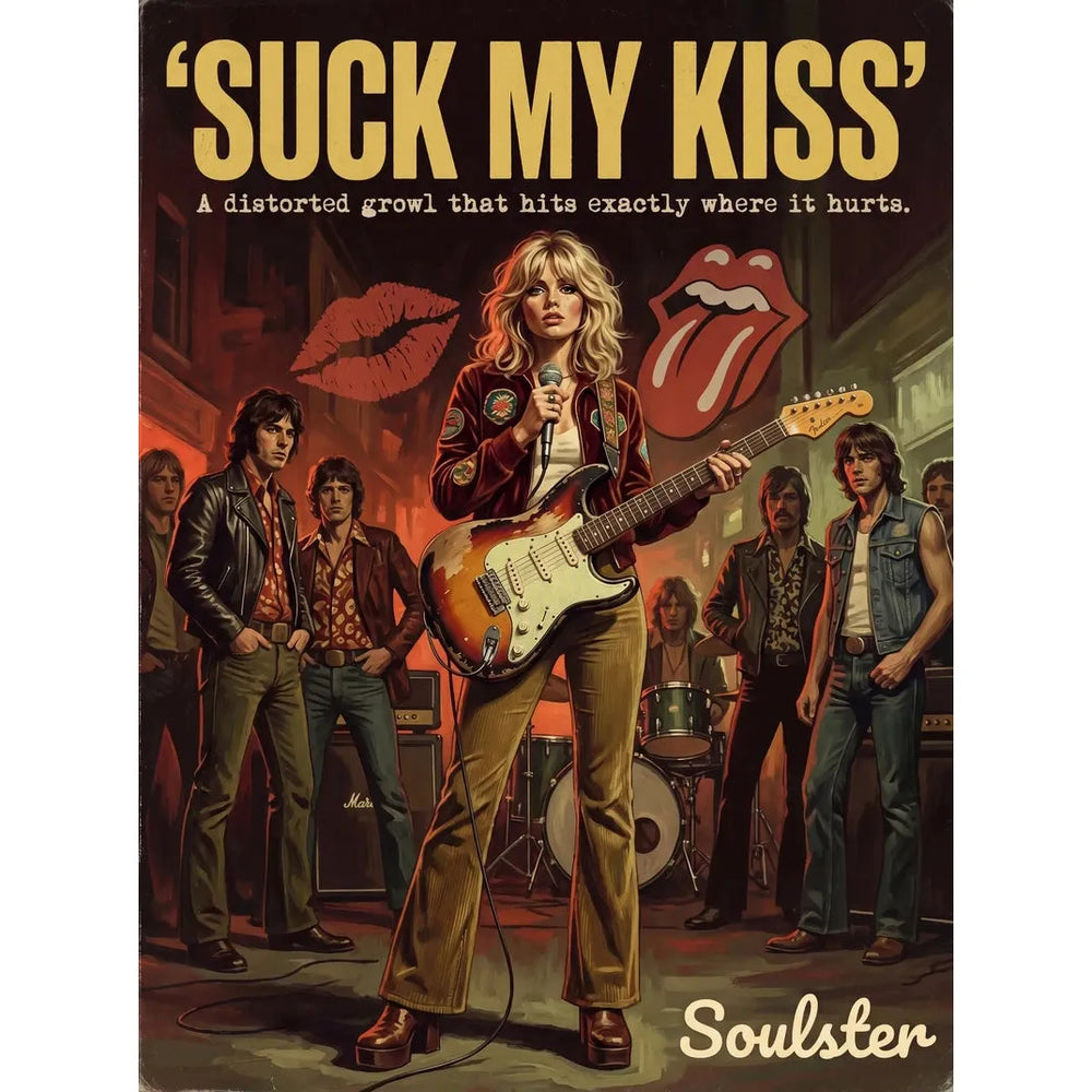 Soulster cinematic vintage pulp book cover art print illustration styled in a classic 1970s design layout inspired by Suck My Kiss.