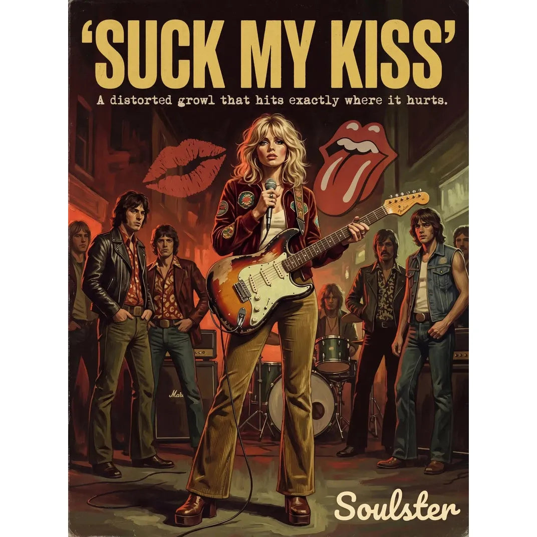 Soulster cinematic vintage pulp book cover art print illustration styled in a classic 1970s design layout inspired by Suck My Kiss.