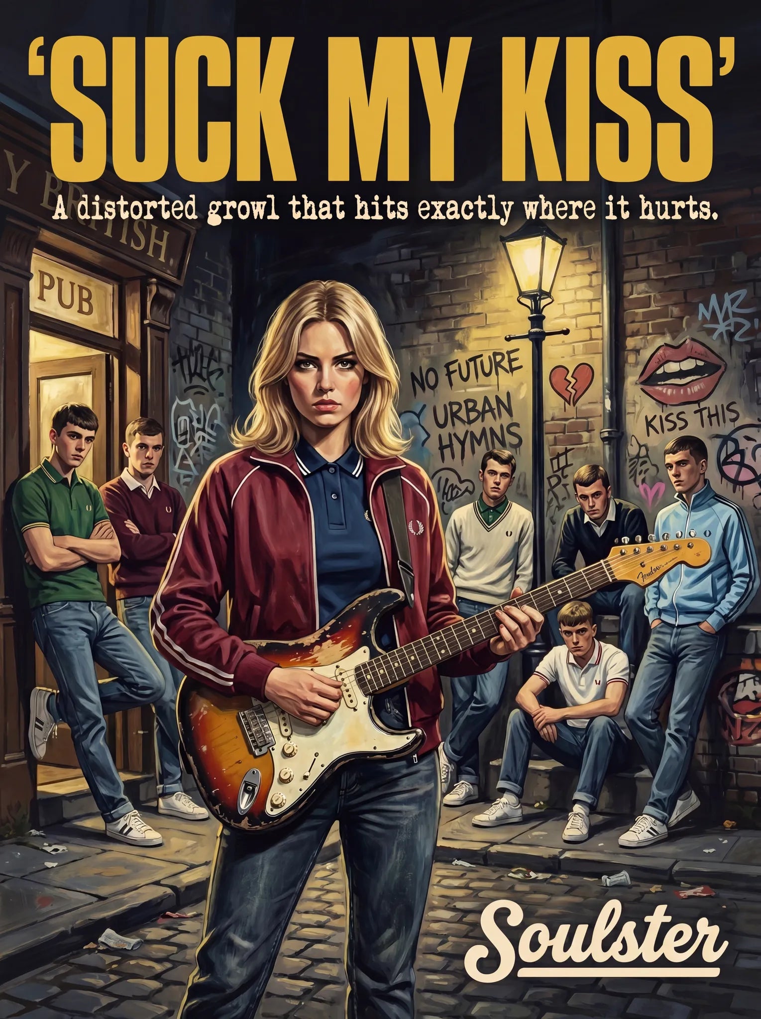 Soulster retro pulp thriller book cover style art print illustration inspired by Alternative Indie - Suck My Kiss.