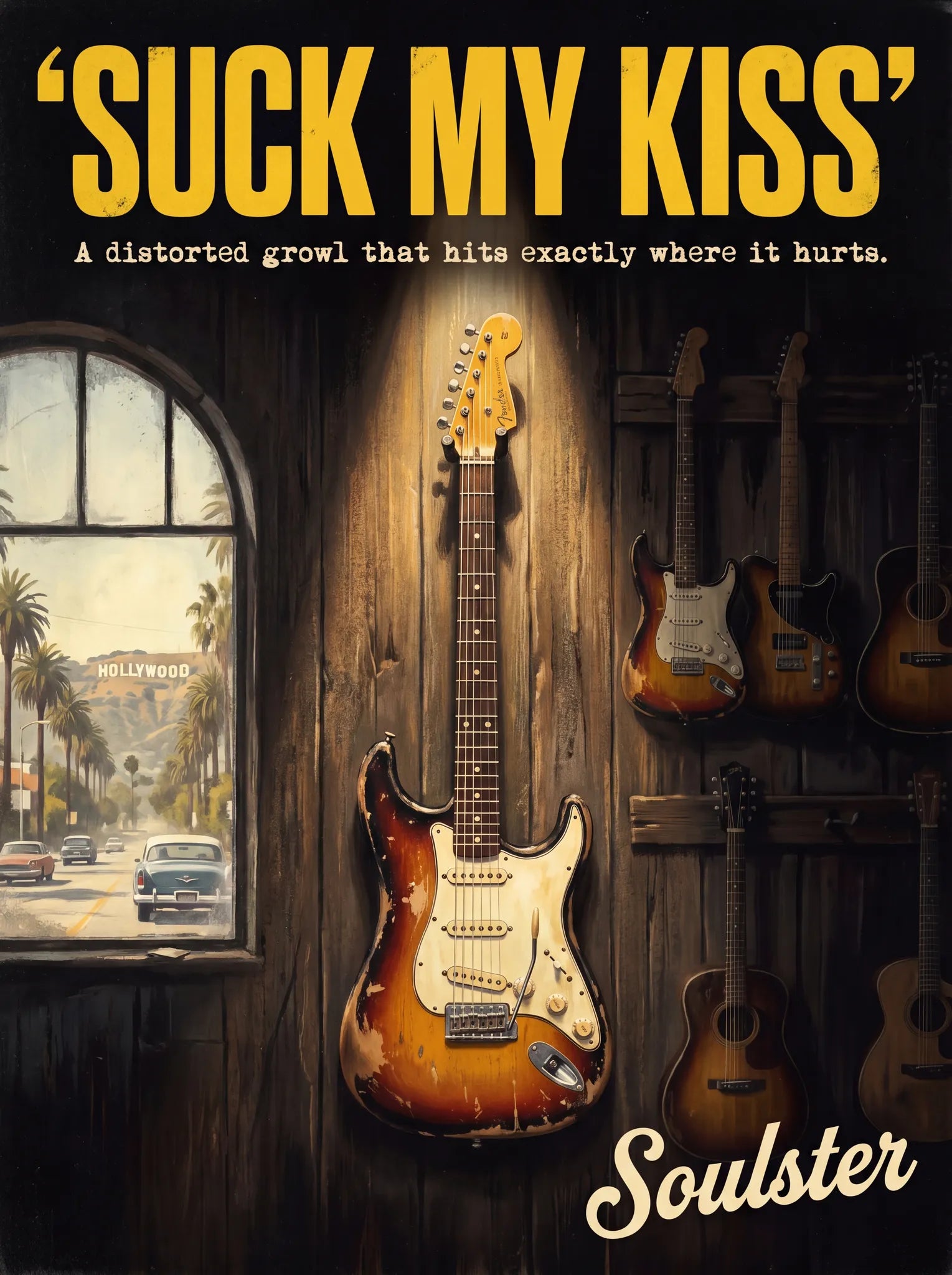 Soulster Manchester Edition wall art print showing a cinematic pulp style design of a Vintage Guitar inspired by Suck My Kiss - Los Angeles.