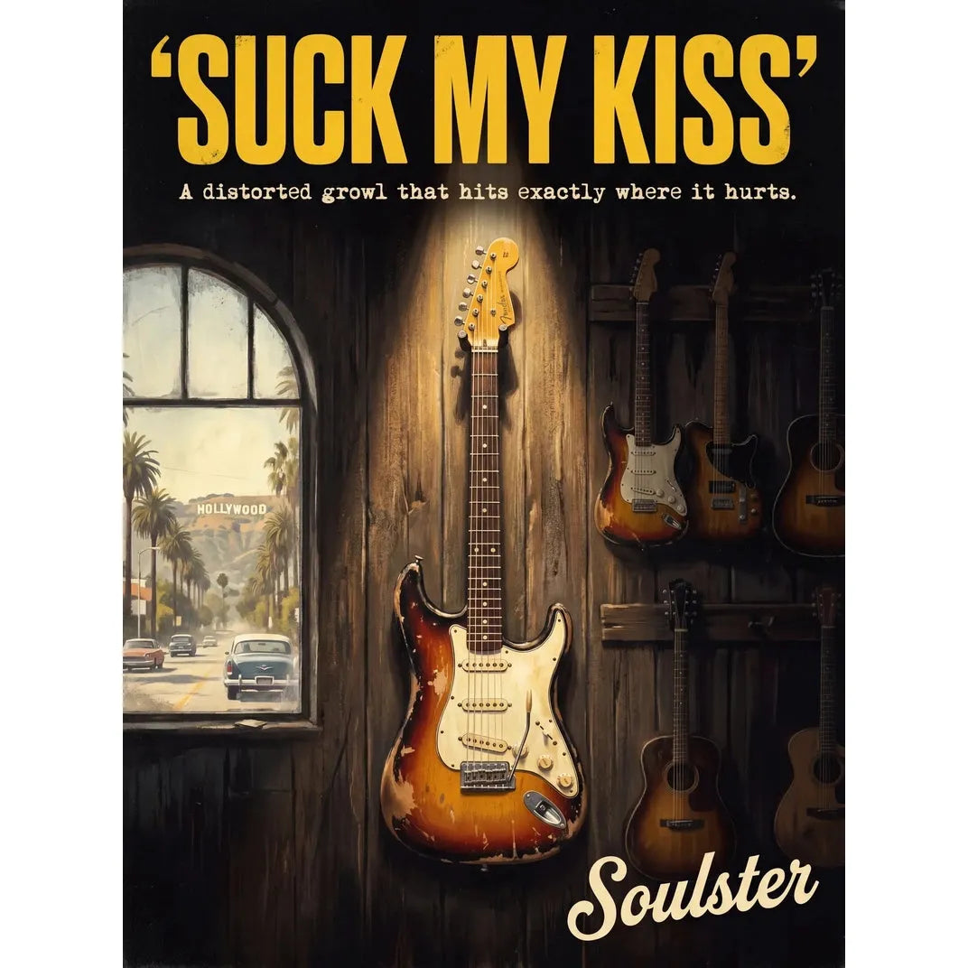 Soulster Manchester Edition wall art print showing a cinematic pulp style design of a Vintage Guitar inspired by Suck My Kiss - Los Angeles.