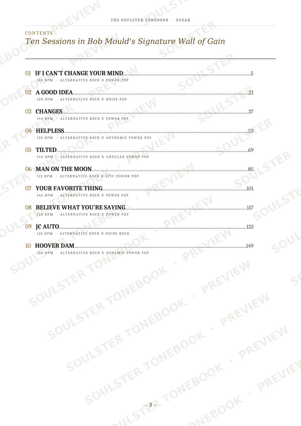 A printed table of contents page from a book titled 'Ten Sessions in Bob Mould's Signature Wall of Gain' with chapter and page numbers, overlaid with repeated 'SOULSTER TONEBOOK PREVIEW' watermarks.