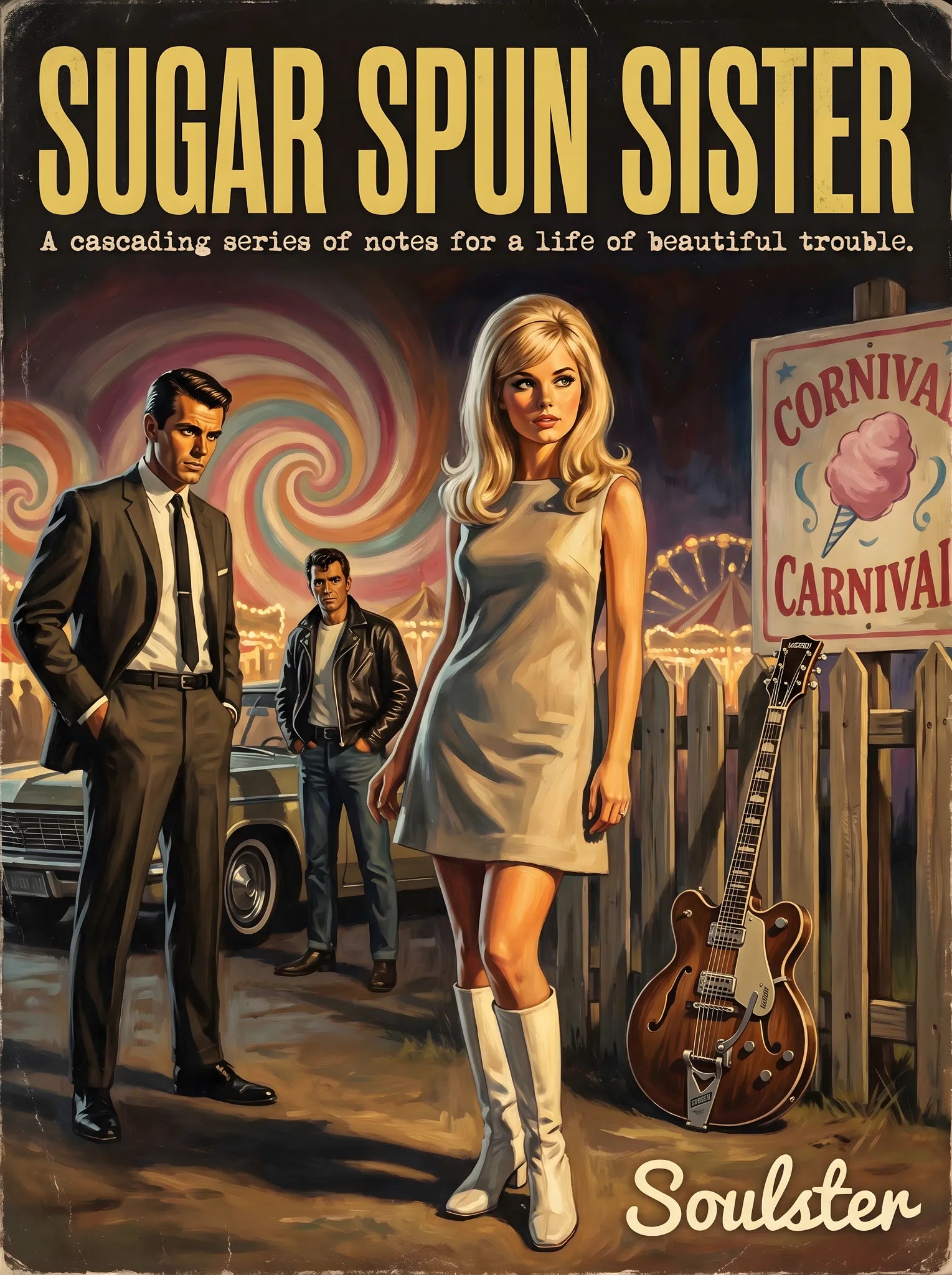 Soulster cinematic vintage pulp book cover art print illustration styled in a classic 1960s design layout inspired by Sugar Spun Sister.