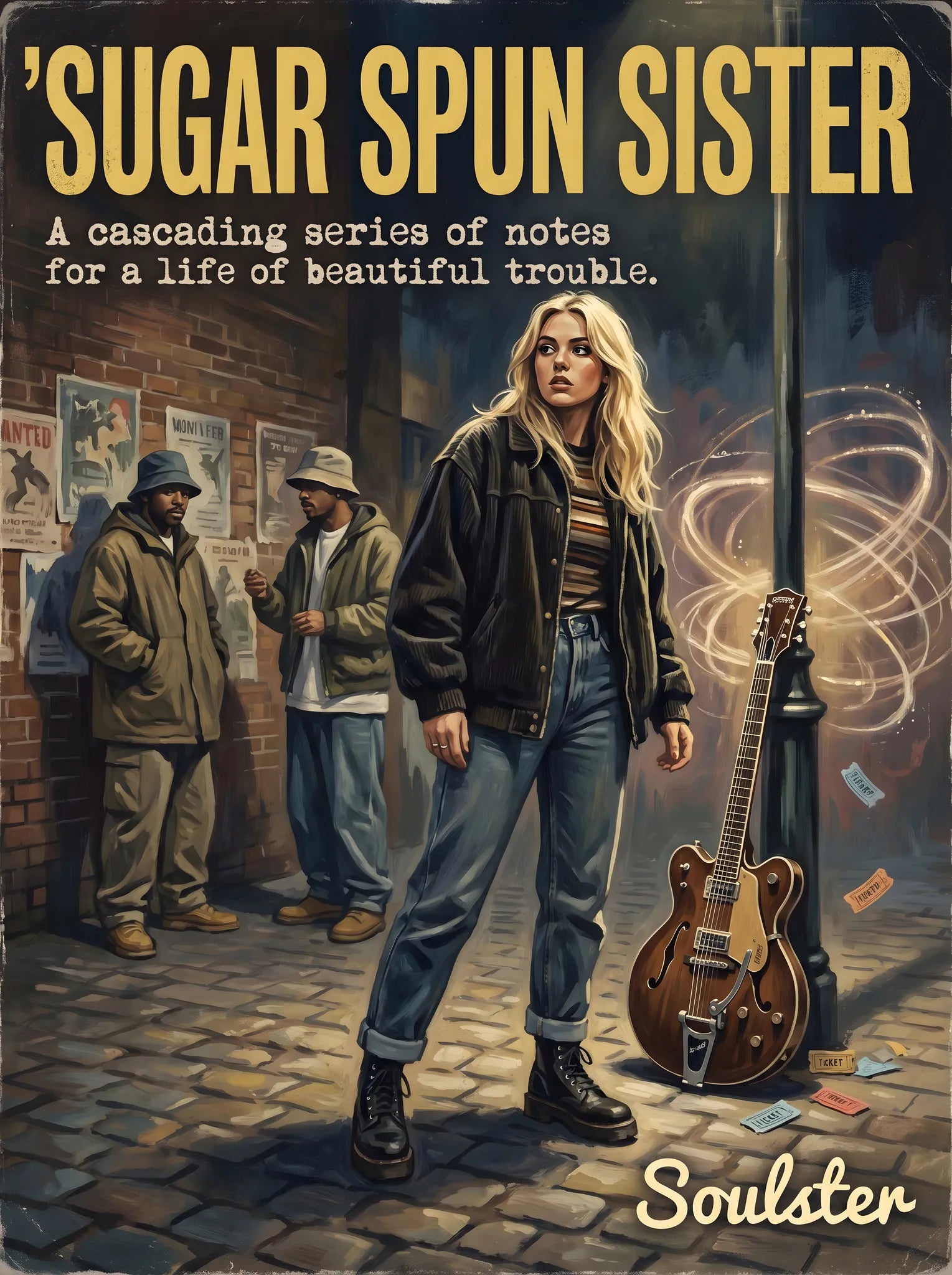 Soulster cinematic vintage pulp book cover art print illustration styled in a classic 1990s design layout inspired by Sugar Spun Sister.