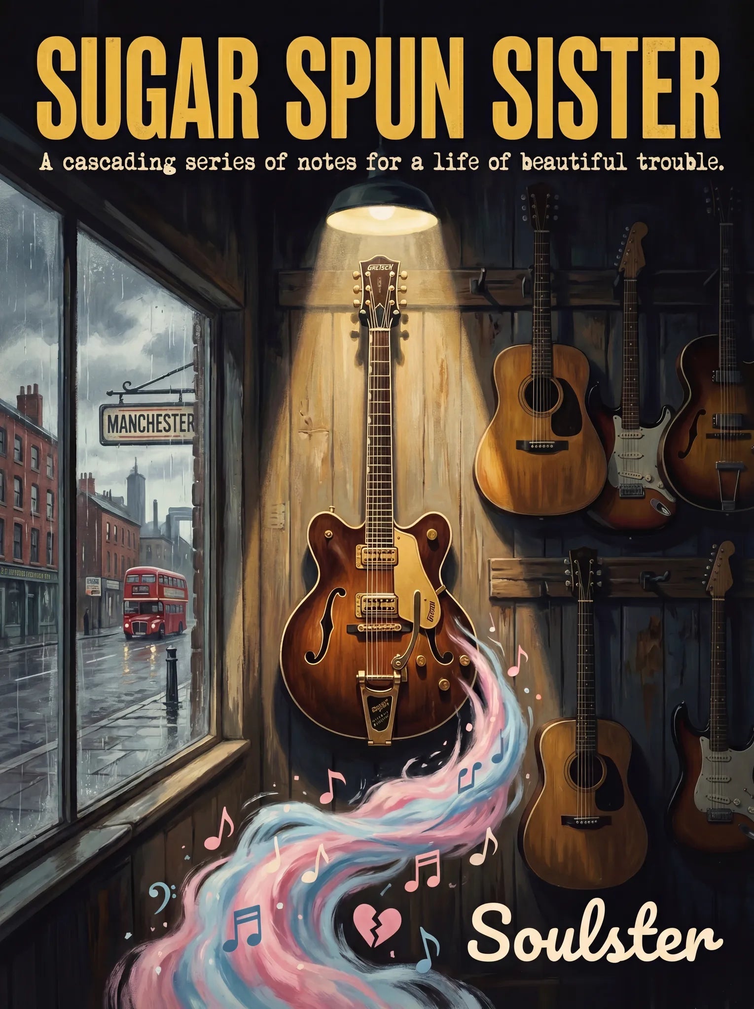 Soulster Manchester Edition wall art print showing a cinematic pulp style design of a Vintage Guitar inspired by Sugar Spun Sister.