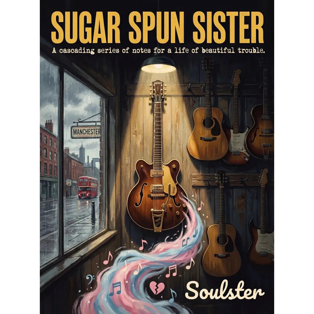 Soulster Manchester Edition wall art print showing a cinematic pulp style design of a Vintage Guitar inspired by Sugar Spun Sister.