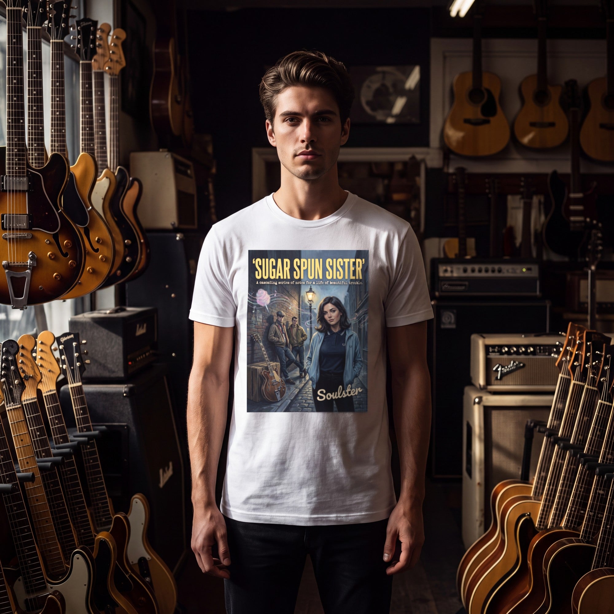 Man wearing the Sugar Spun Sister T-Shirt - Kitchen Sink Edition, front view in a vintage guitar shop.