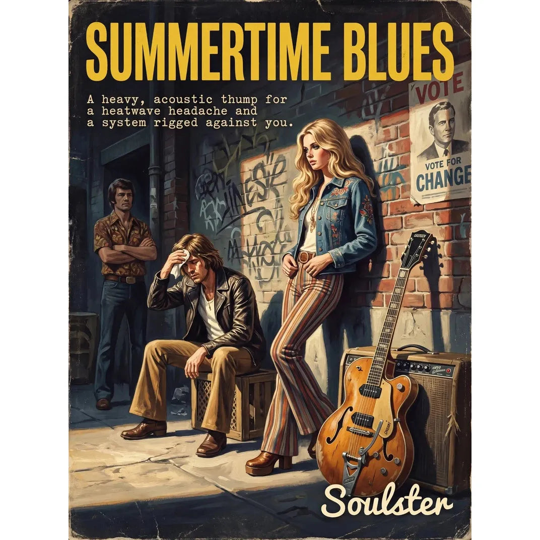 Soulster cinematic vintage pulp book cover art print illustration styled in a classic 1970s theme inspired by Summertime Blues.