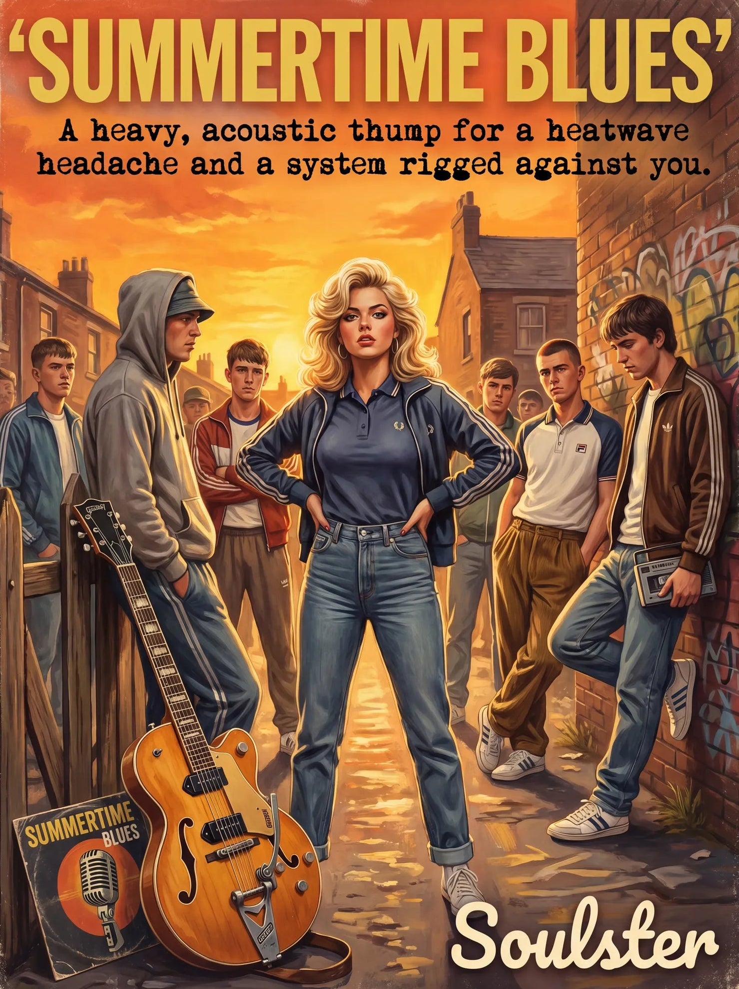 Soulster retro pulp thriller book cover style art print illustration inspired by Alternative Indie - Summertime Blues.