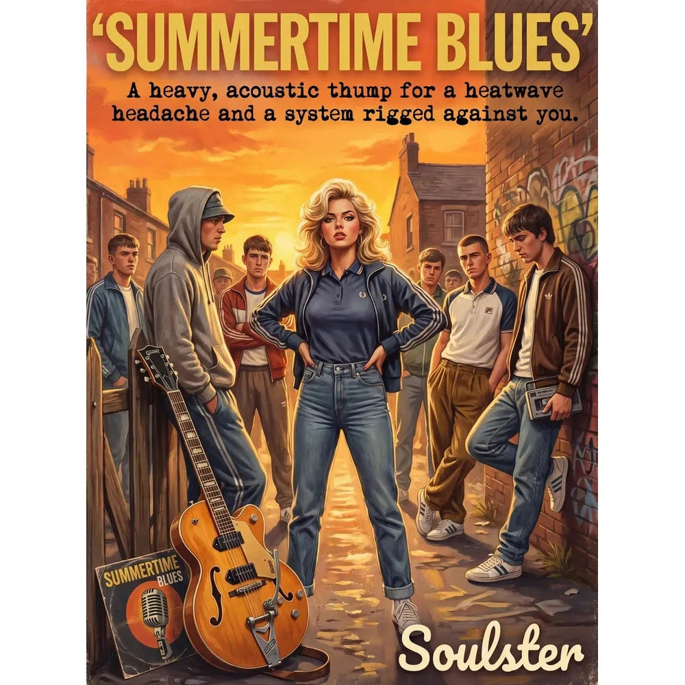 Soulster retro pulp thriller book cover style art print illustration inspired by Alternative Indie - Summertime Blues.