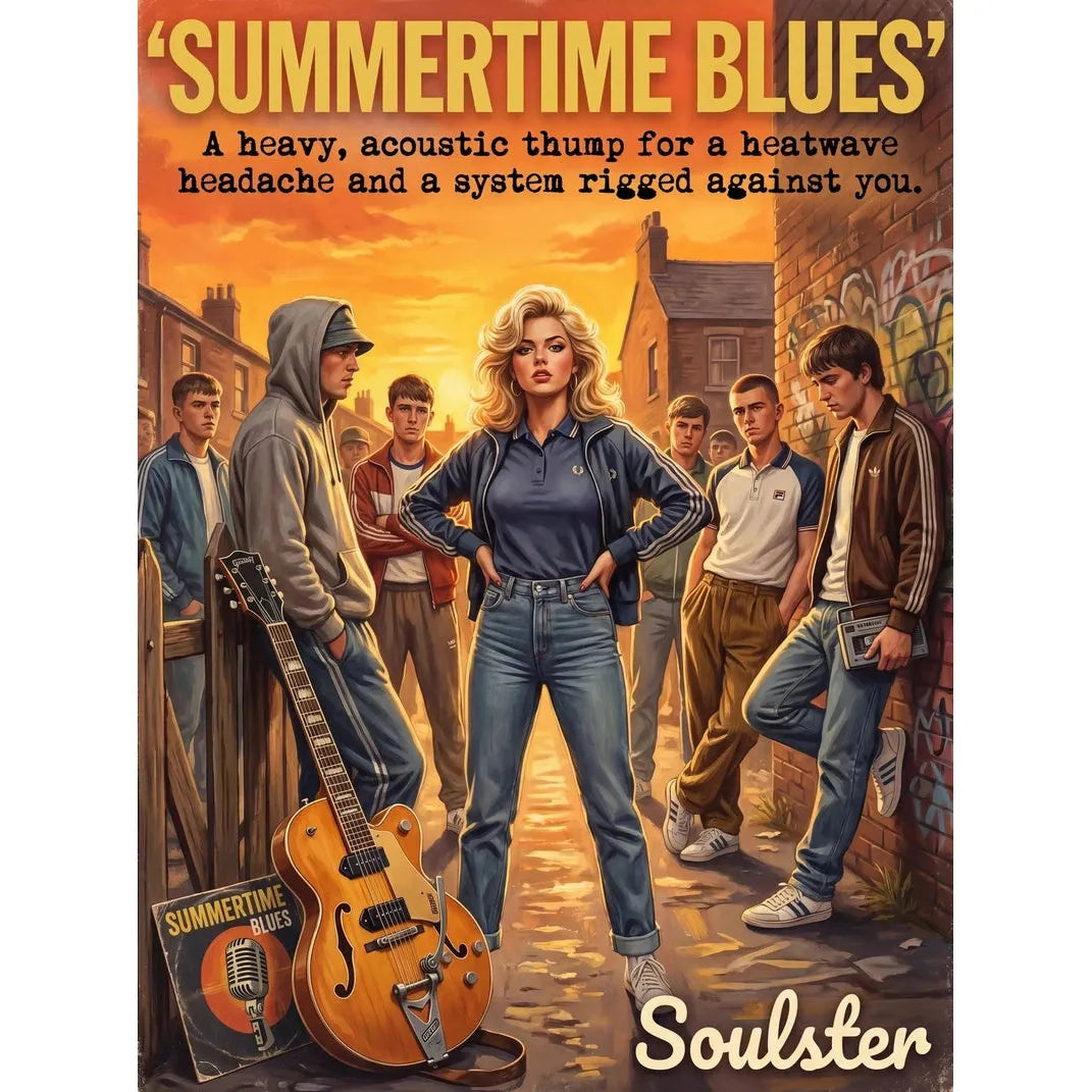Soulster retro pulp thriller book cover style art print illustration inspired by Alternative Indie - Summertime Blues.