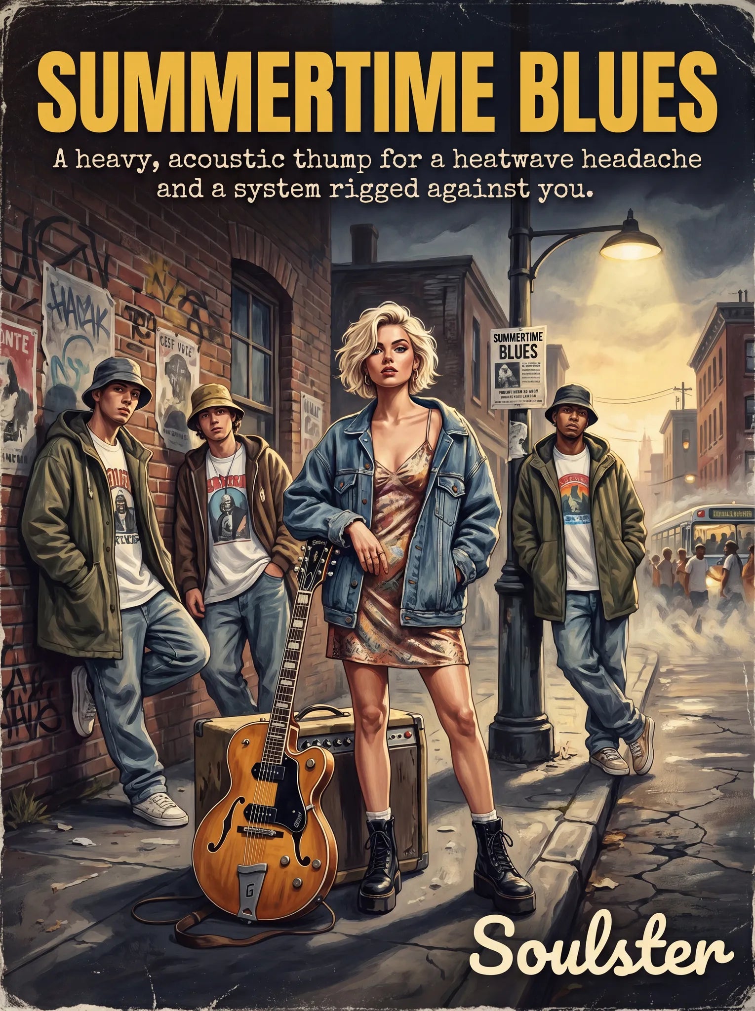 Soulster cinematic vintage pulp book cover art print illustration styled in a classic 1990s theme inspired by Summertime Blues.