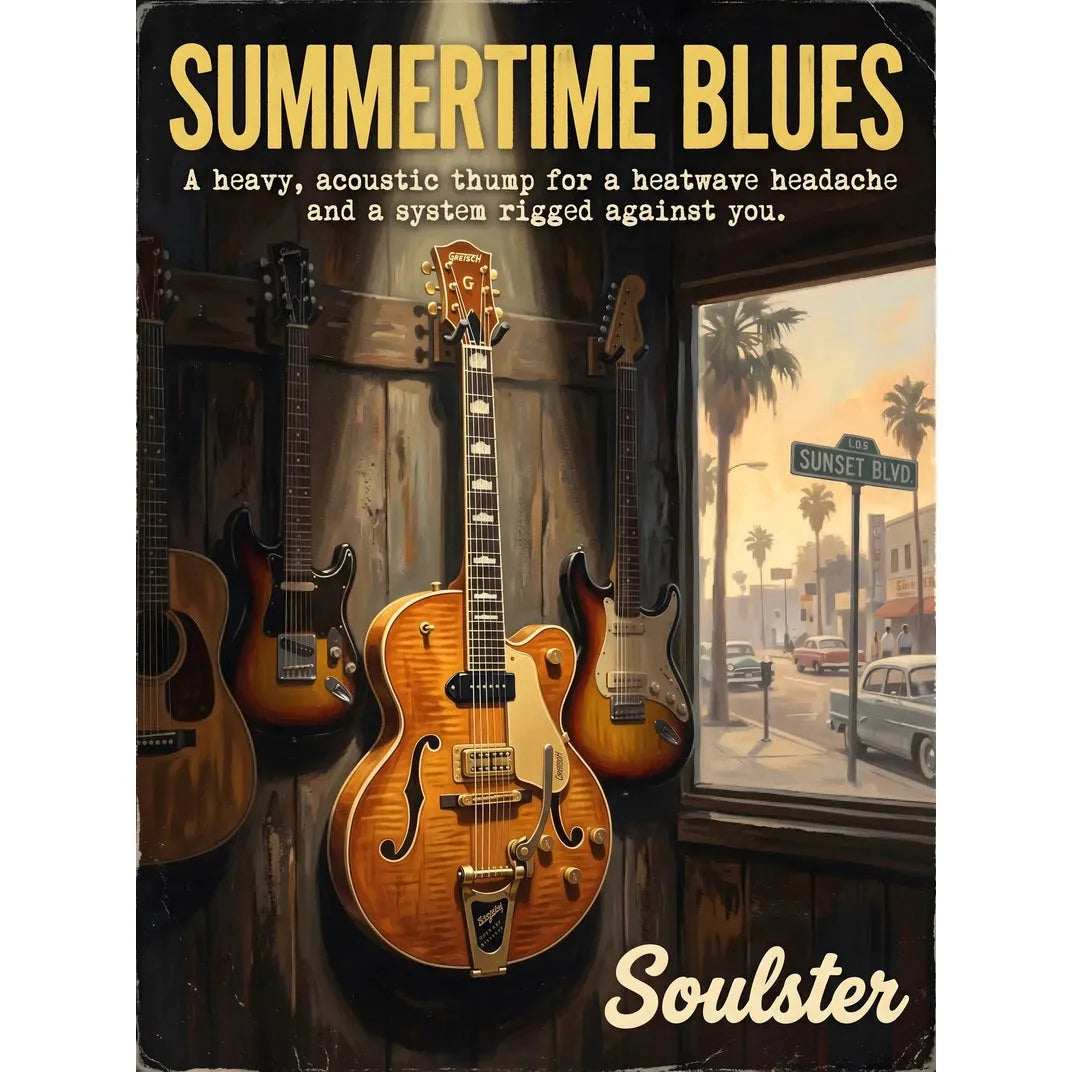Soulster Manchester Edition wall art print showing a cinematic pulp style design of a Vintage Guitar inspired by Summertime Blues - Los Angeles.