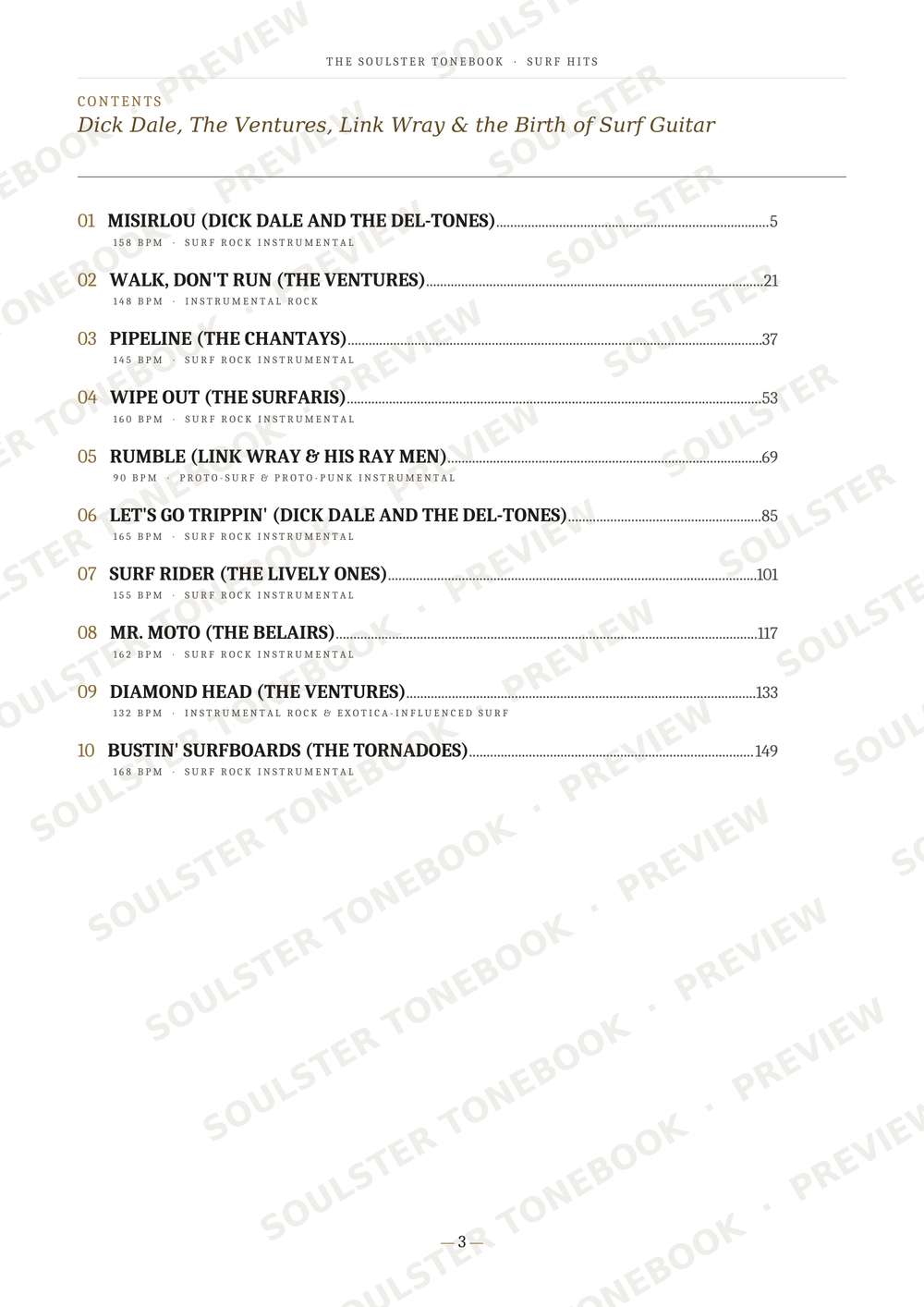 A printed table of contents page from a surf guitar book, titled 'The Melodier Tunesbook: Surf Ods', listing track titles, artists, page numbers, and song numbers on a white page with faint diagonal watermark text.