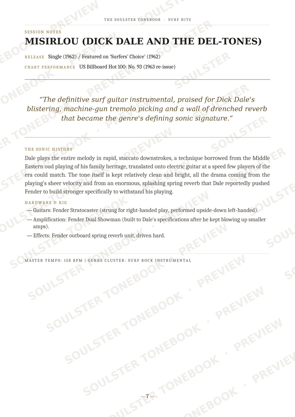 A printed page from a music book or article about Misirlou by Dick Dale and The Del-Tones, with title text at the top, several paragraphs of black text, and a faint diagonal watermark across the page.