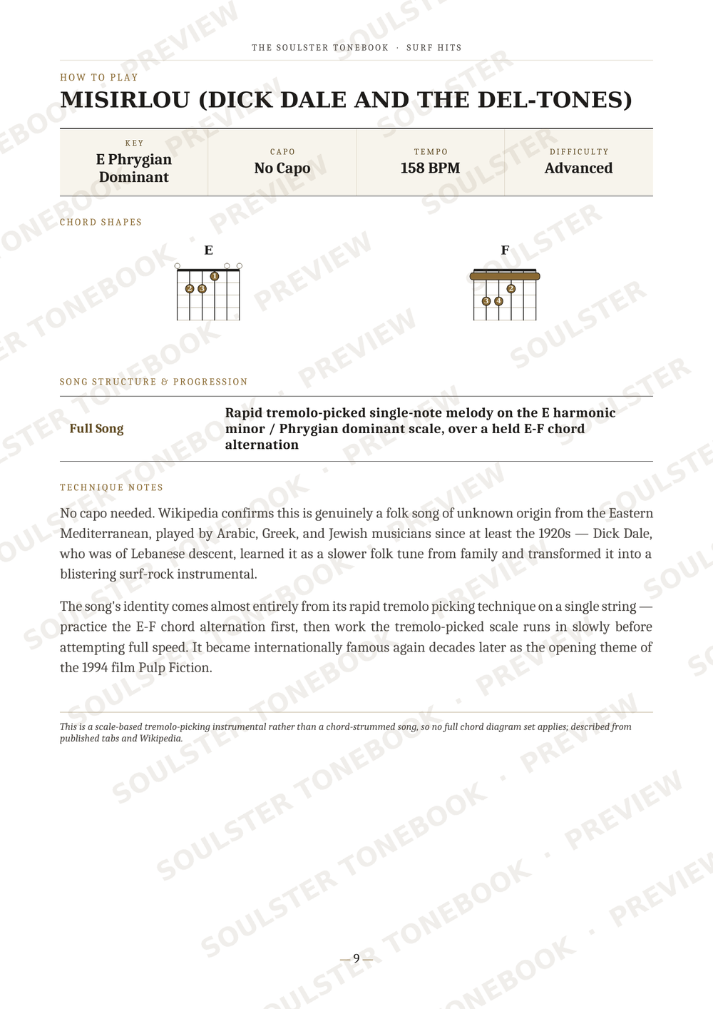 A printed or digital page titled 'MISIRLOU (DICK DALE AND THE DEL-TONES)' with music theory notes, chord charts, and small diagrams related to E major and E Phrygian dominant chords. The page is mostly white with black text and light beige header blocks.