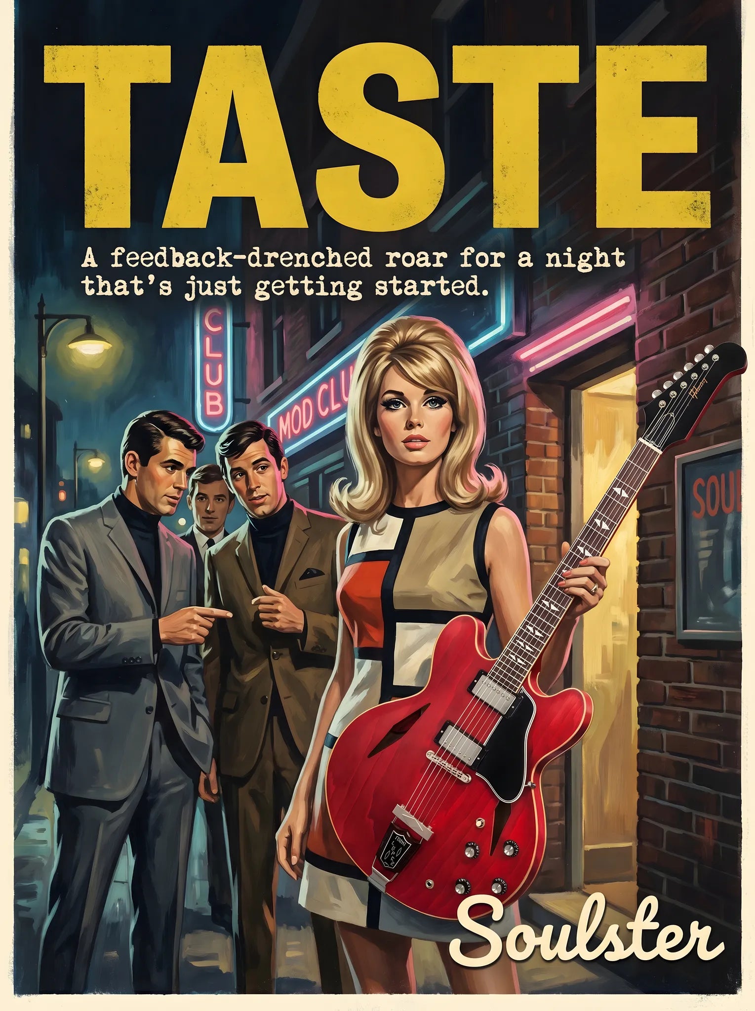 Soulster cinematic vintage pulp book cover art print illustration styled in a classic 1960s design layout inspired by Taste.
