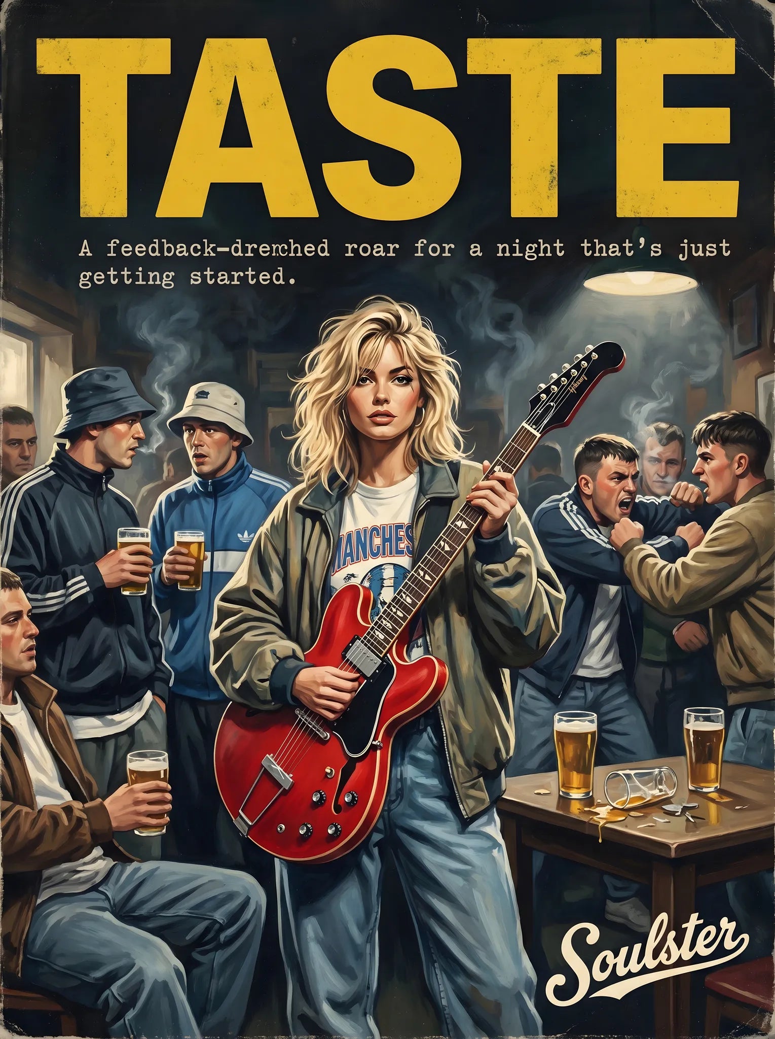 Soulster cinematic vintage pulp book cover art print illustration styled in a classic 1990s design layout inspired by Taste.