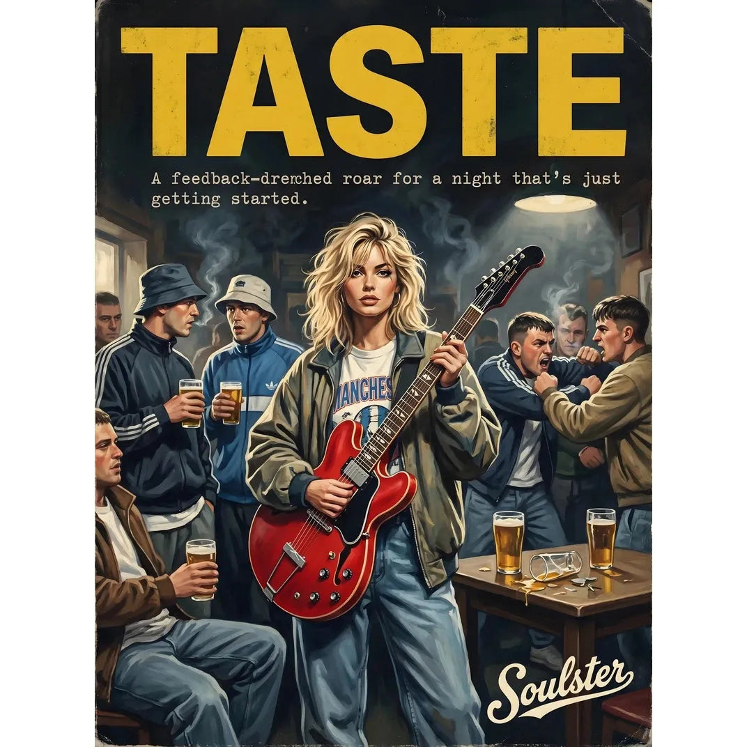 Soulster cinematic vintage pulp book cover art print illustration styled in a classic 1990s design layout inspired by Taste.
