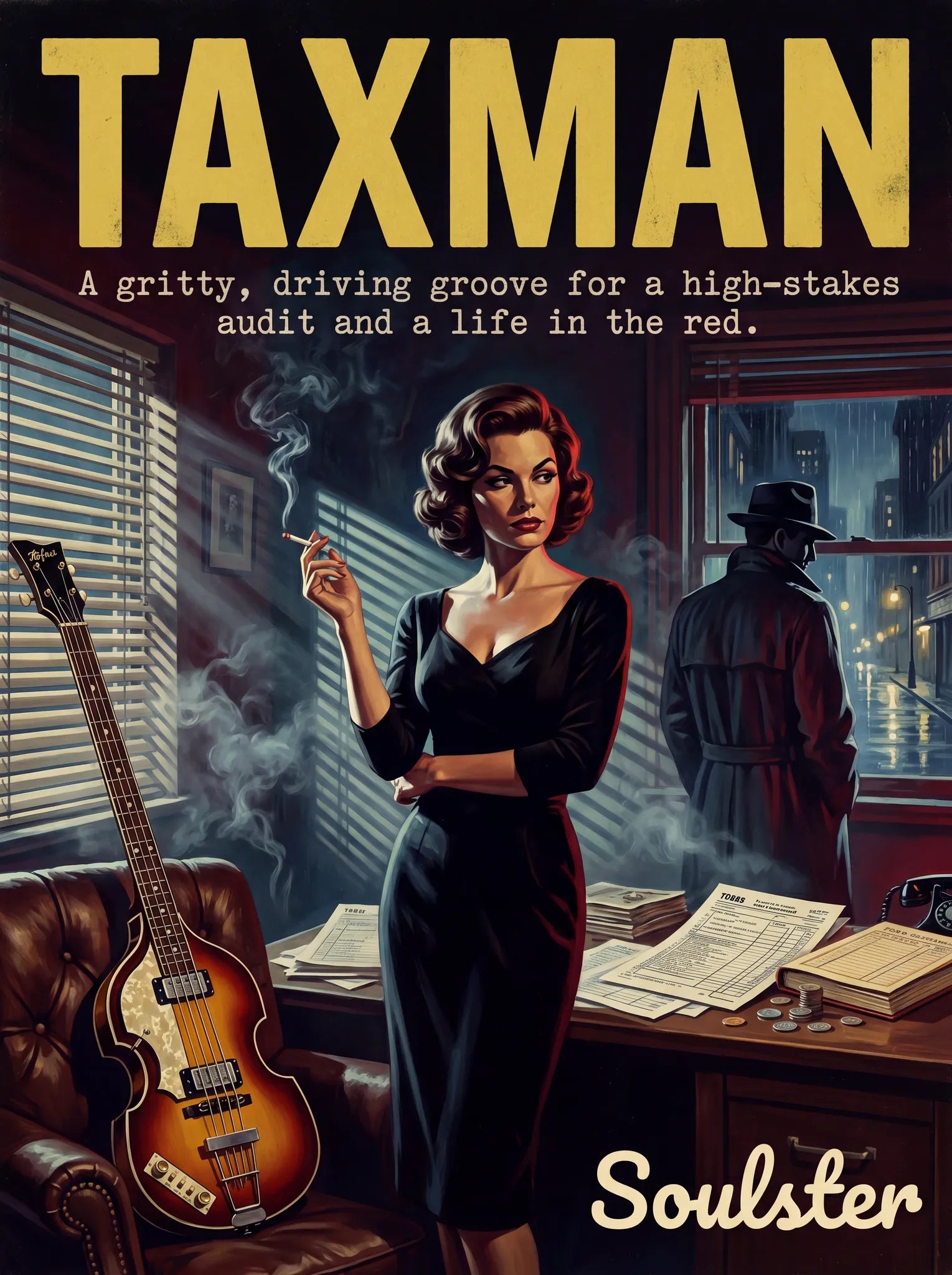 Soulster cinematic vintage pulp book cover art print illustration styled in a classic 1950s design layout inspired by Taxman.