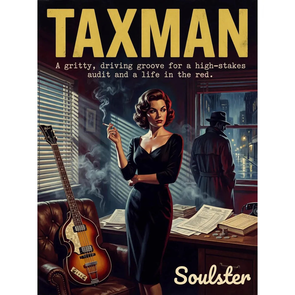 Soulster cinematic vintage pulp book cover art print illustration styled in a classic 1950s design layout inspired by Taxman.