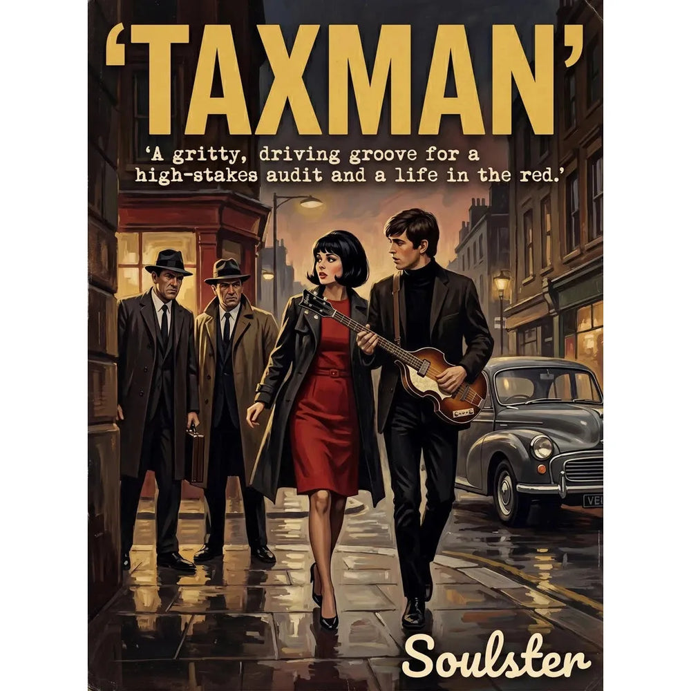 Soulster cinematic vintage pulp book cover art print illustration styled in a classic 1960s design layout inspired by Taxman.