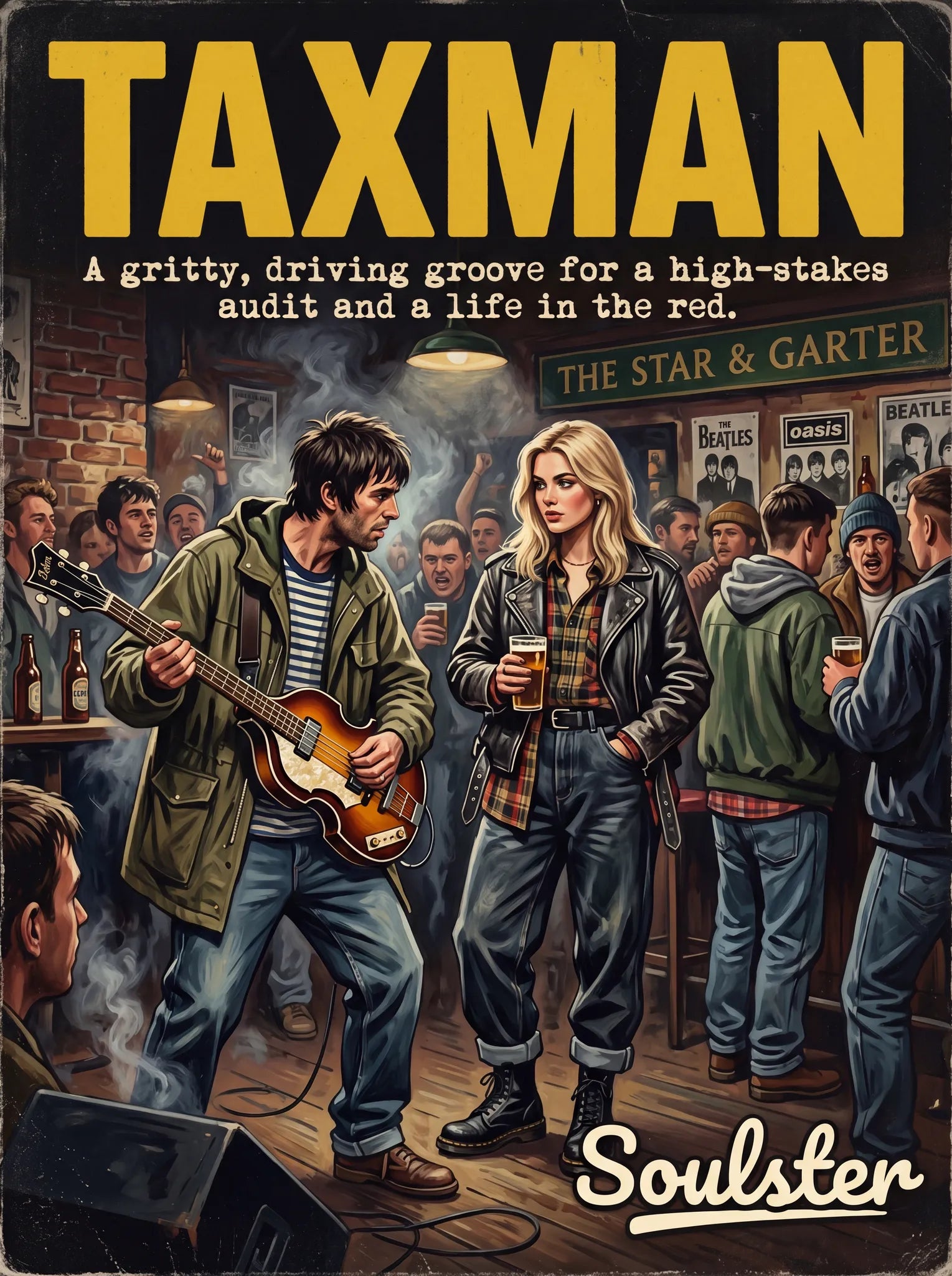 Soulster cinematic vintage pulp book cover art print illustration styled in a classic 1990s design layout inspired by Taxman.
