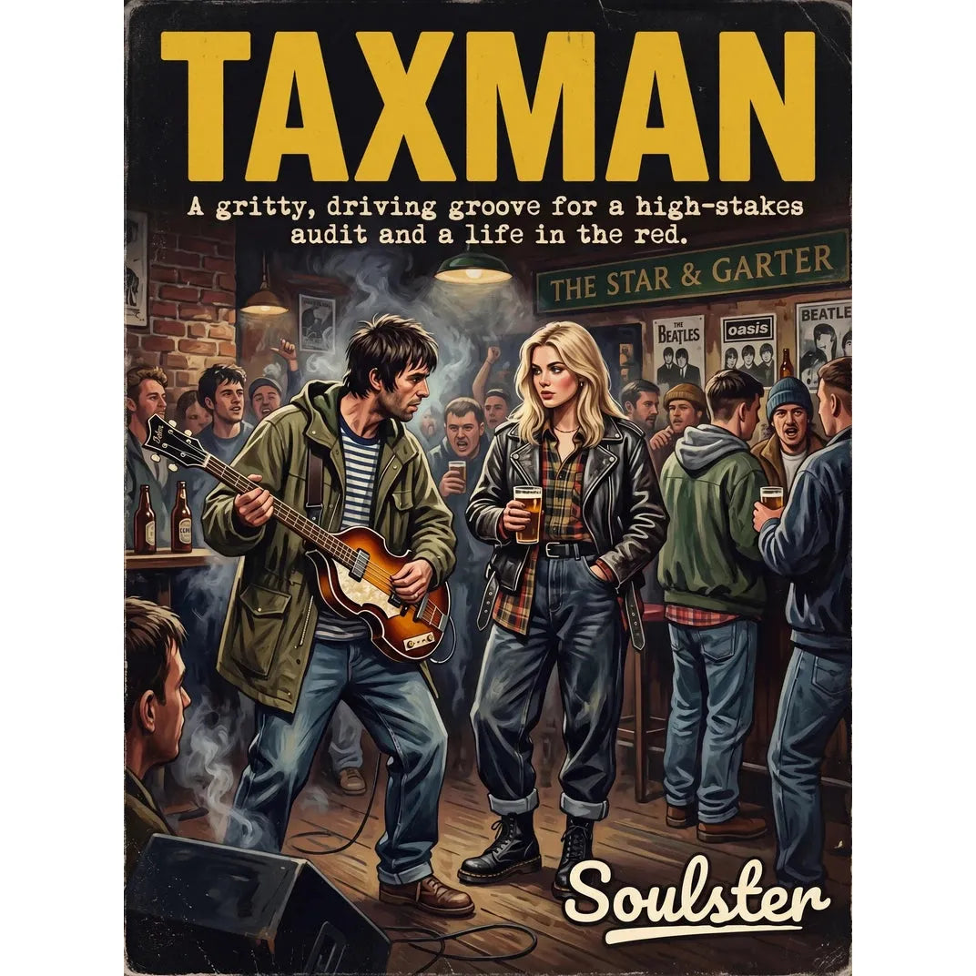 Soulster cinematic vintage pulp book cover art print illustration styled in a classic 1990s design layout inspired by Taxman.