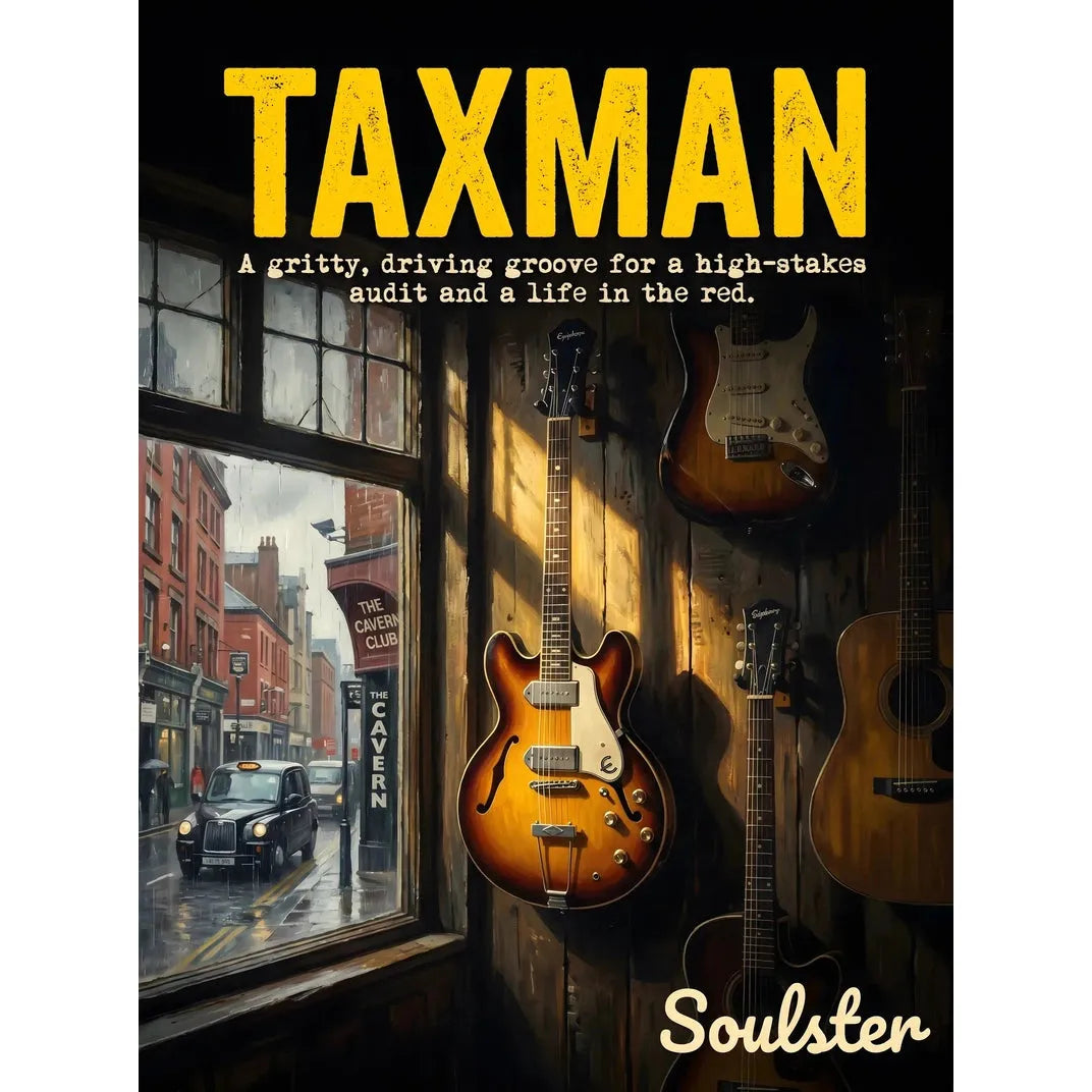Soulster Manchester Edition wall art print showing a cinematic pulp style design of a Epiphone Casino inspired by Taxman - Liverpool.