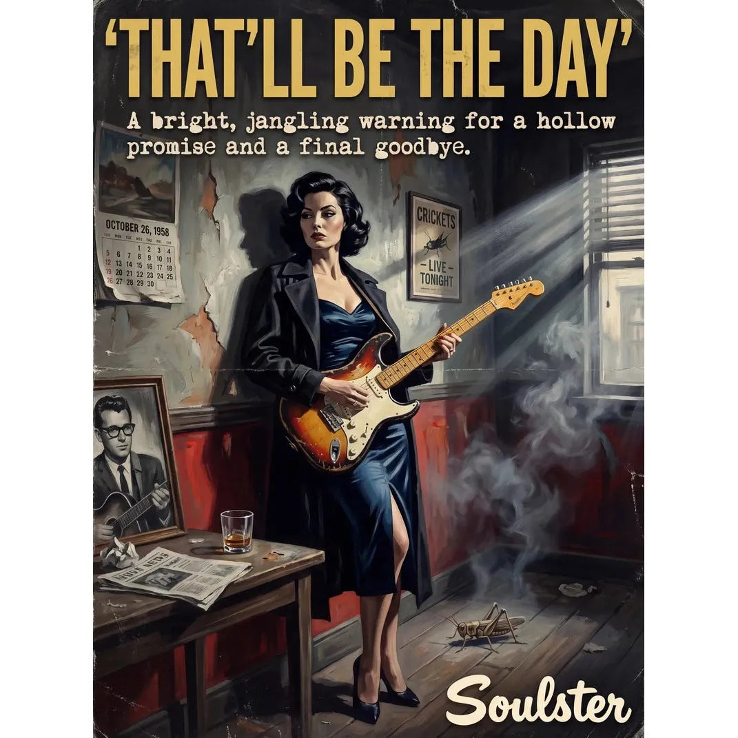Soulster cinematic vintage pulp book cover art print illustration styled in a classic 1950s theme inspired by That'll Be The Day.