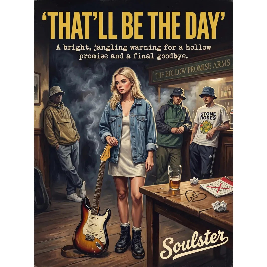 Soulster cinematic vintage pulp book cover art print illustration styled in a classic 1990s theme inspired by That'll Be The Day.
