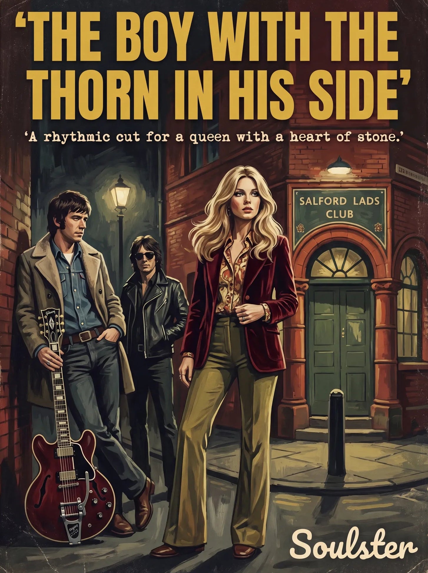 Soulster cinematic vintage pulp book cover art print illustration styled in a classic 1970s design layout inspired by The Boy With The Thorn In His Side.