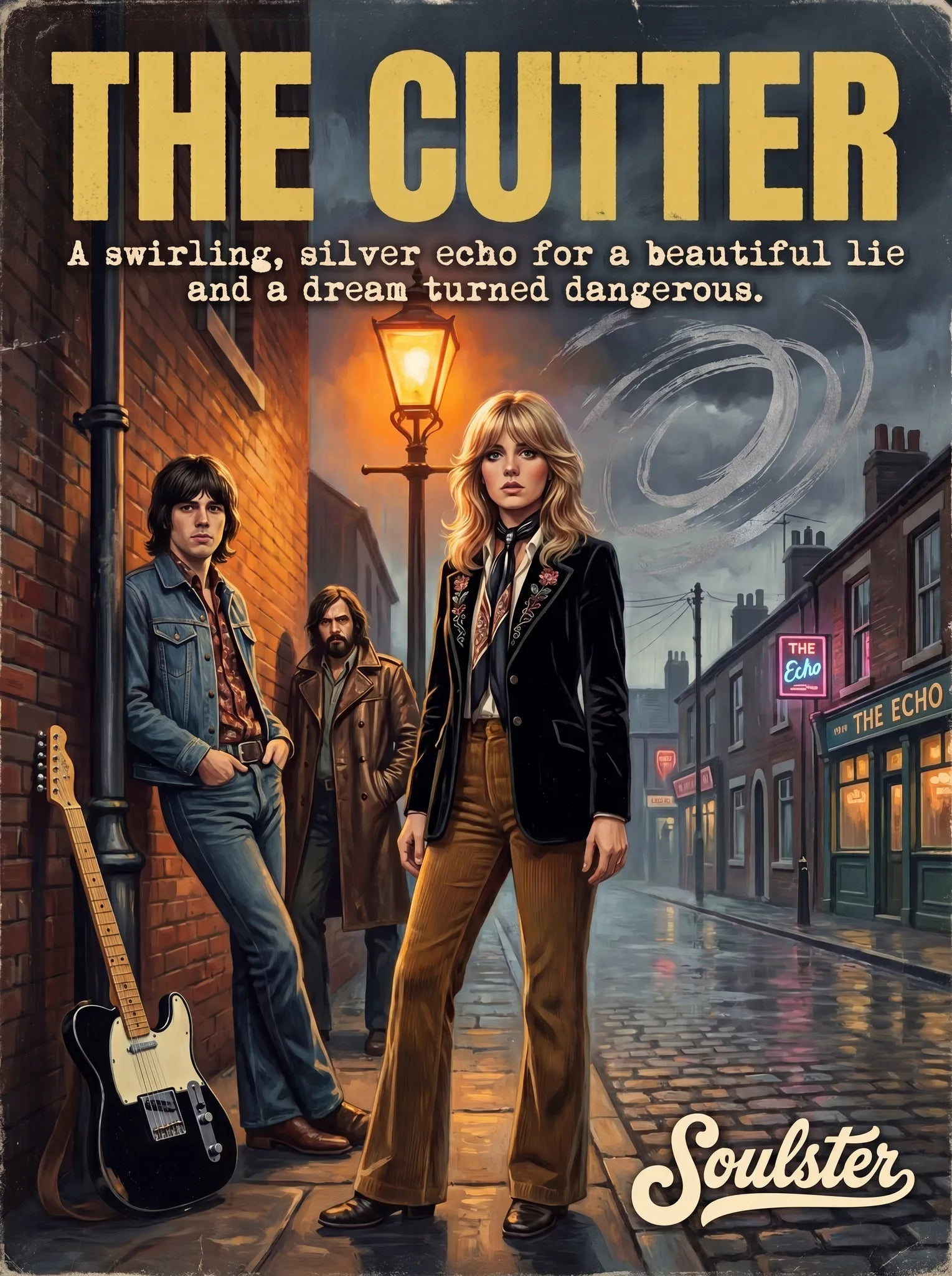 Soulster cinematic vintage pulp book cover art print illustration styled in a classic 1970s design layout inspired by The Cutter.