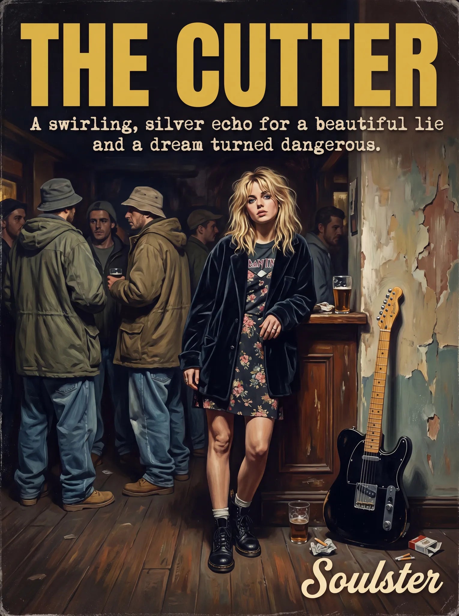 Soulster cinematic vintage pulp book cover art print illustration styled in a classic 1990s design layout inspired by The Cutter.