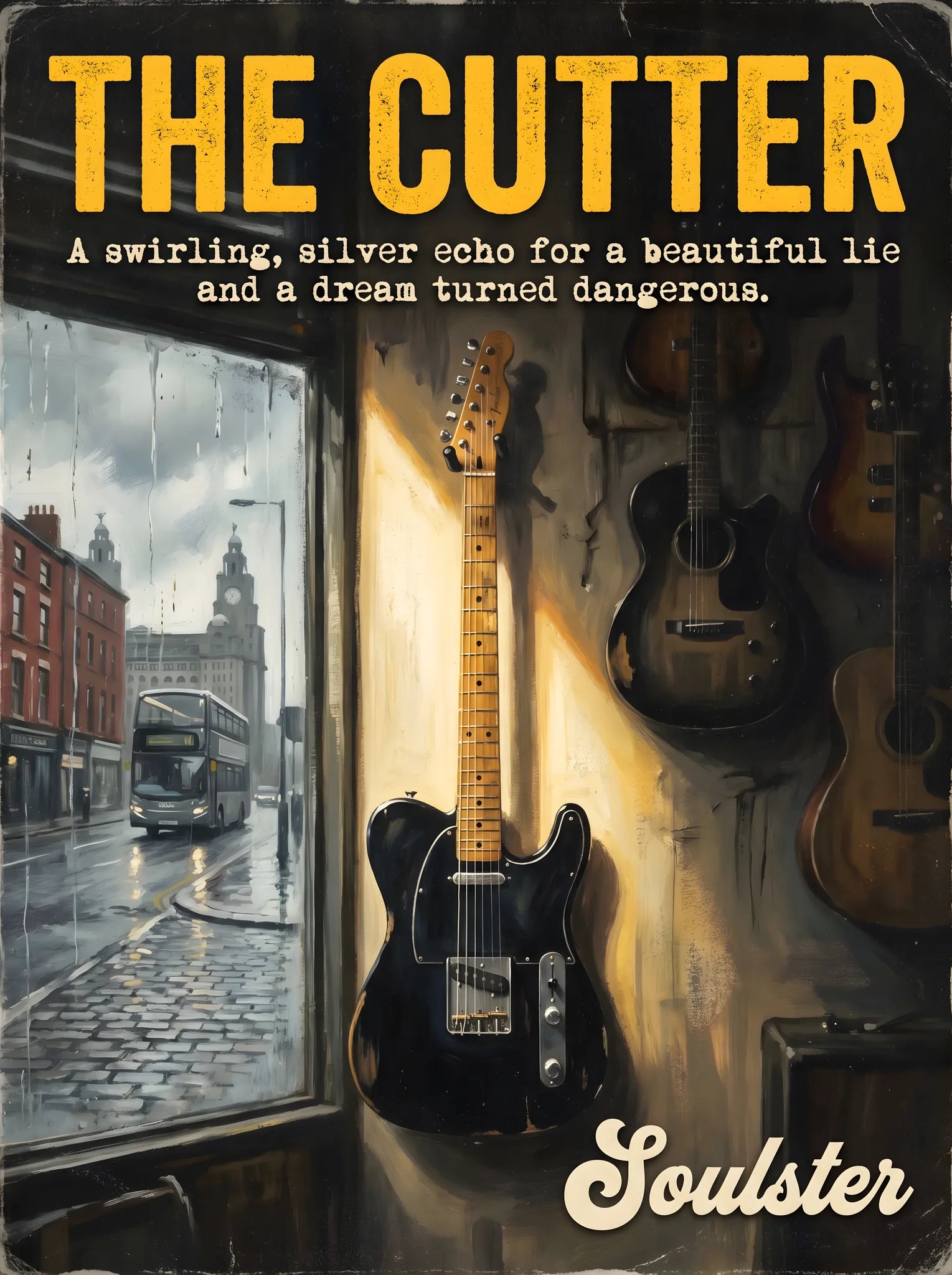 Soulster Manchester Edition wall art print showing a cinematic pulp style design of a Vintage Guitar inspired by The Cutter - Liverpool.