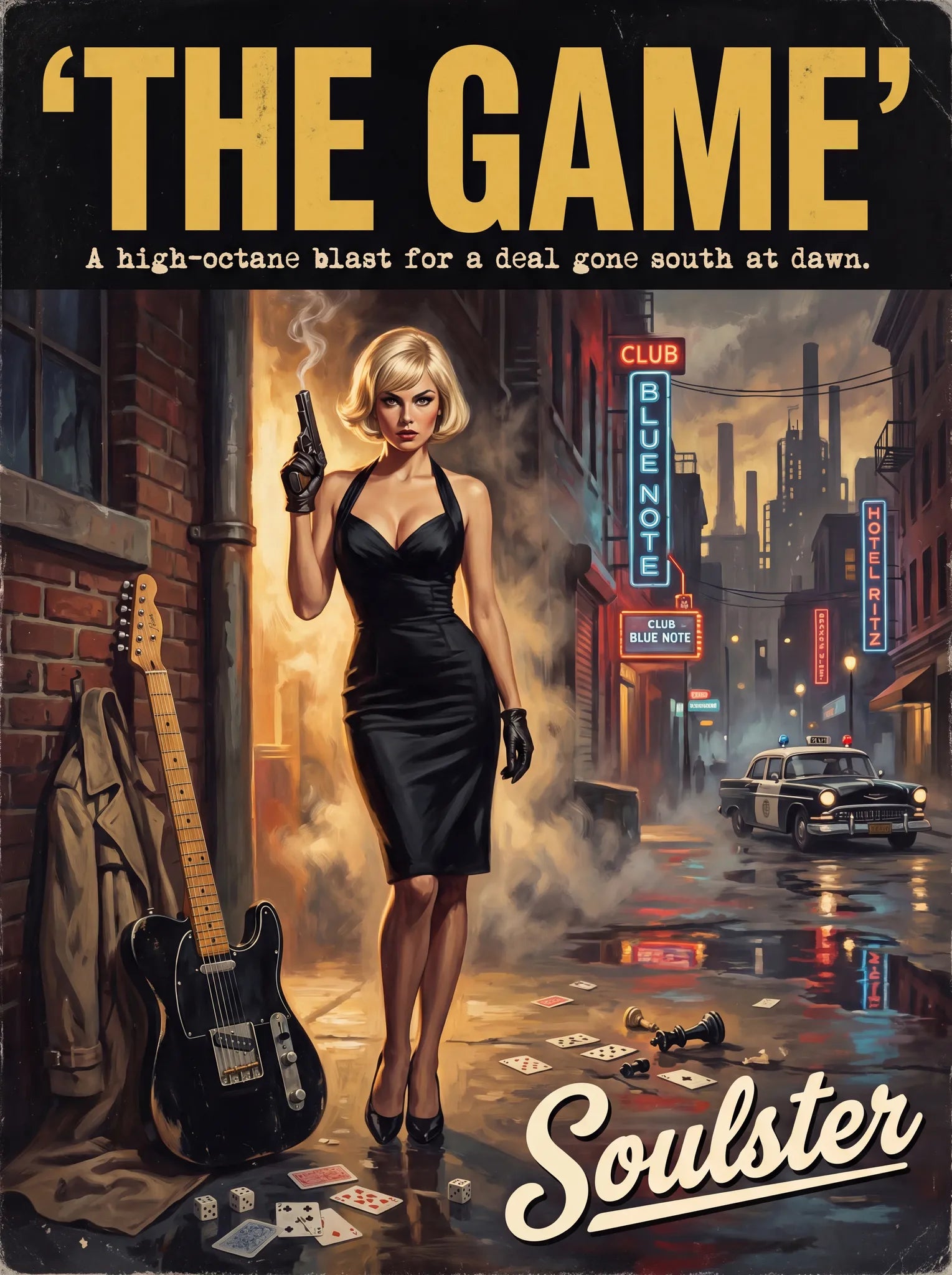 Soulster cinematic vintage pulp book cover art print illustration styled in a classic 1950s design layout inspired by The Game.